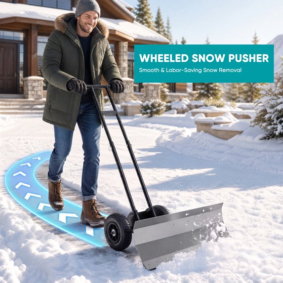 EDX Adjustable Wheeled Snow Pusher, Q235 Carbon Steel Snow Removal Tool for Yard & Driveway