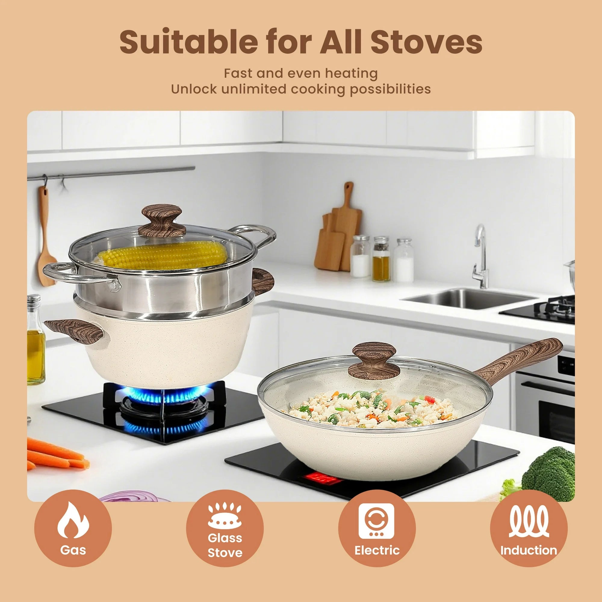 EDX 17-Piece Non-Stick Ceramic Granite Cookware Set with Stay-Cool Handles, Induction Compatible Pots and Pans Set for Healthy Cooking, Beige
