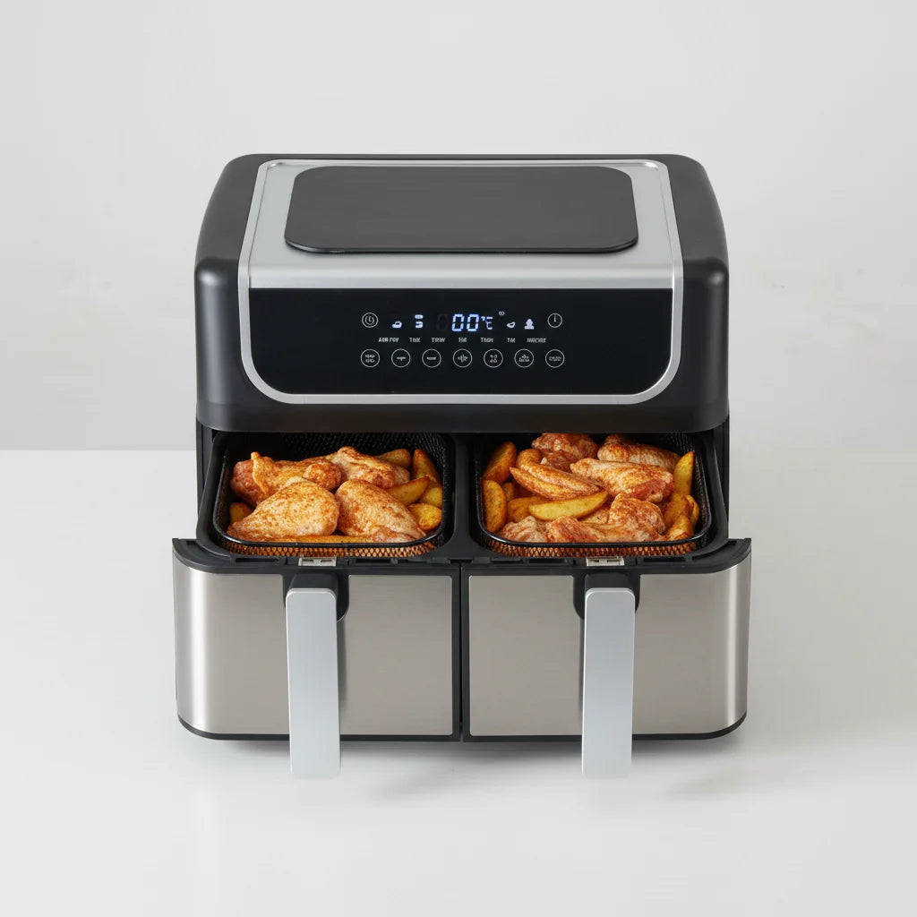 EDX 9QT Dual Basket Stainless Steel Air Fryer with Digital Sync & Match Cook, 1700W, 10 Presets, 2 Independent Cooking Zones, Shake Reminder