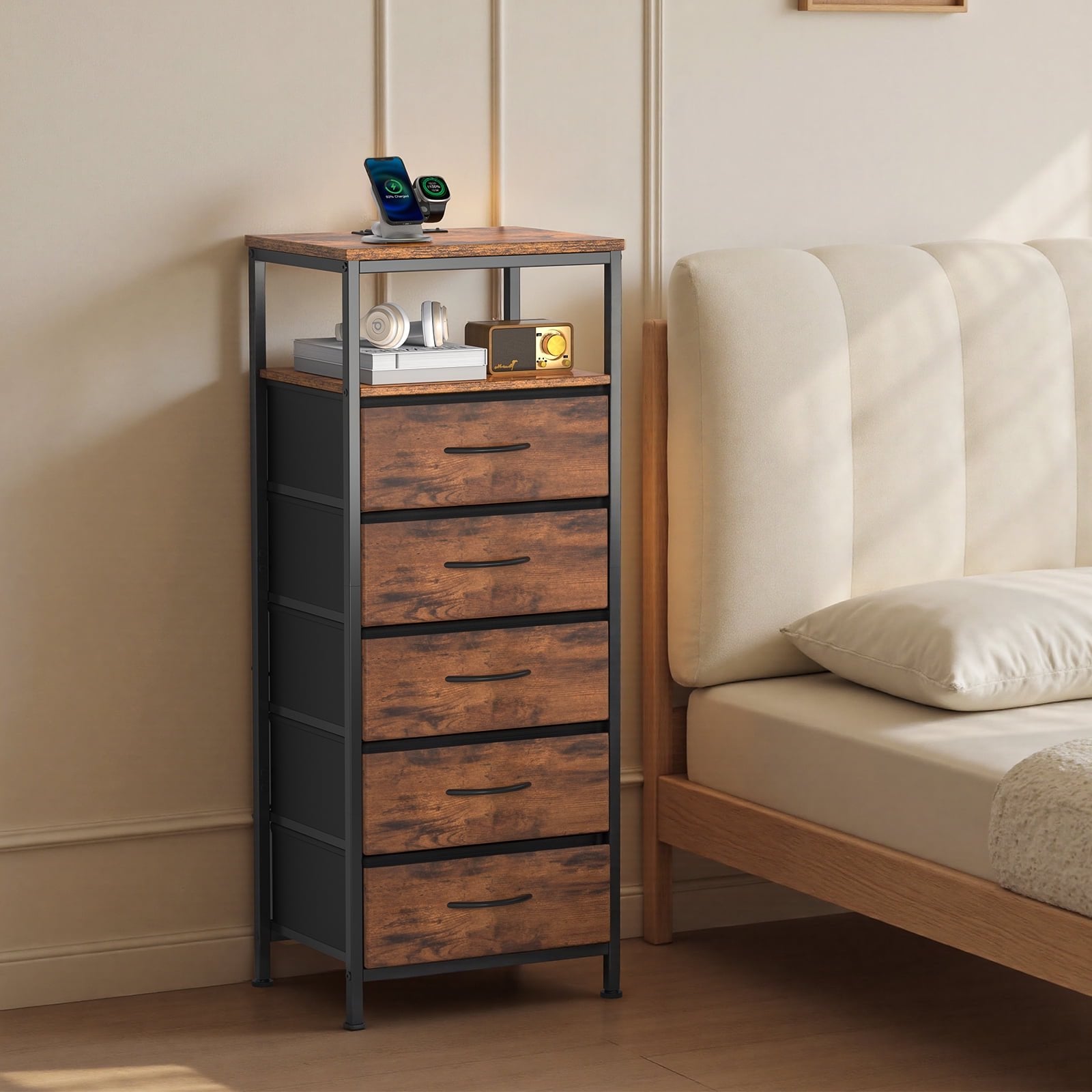 edx Fabric Drawers Nightstand with Charging Station & USB/Type-C Ports and Outlets, Variable Light Strip Bedside End Table with Adjustable Feet for Bedroom