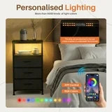 edx 5 Fabric Drawers Nightstand with Charging Station & USB/Type-C Ports and Outlets, Variable Light Strip Bedside End Table with Adjustable Feet for Bedroom, Black