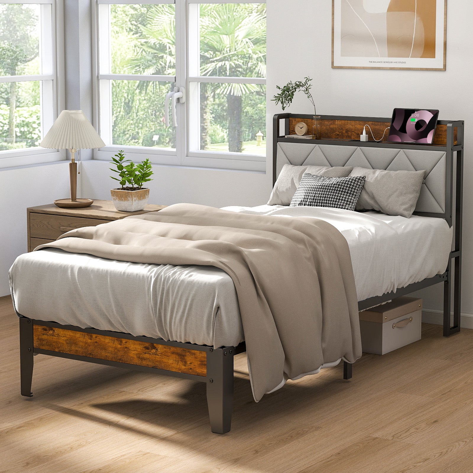 EDX Bed Frame with Headboard Integrated Charging Station, Spacious Underbed Storage,Simple No-Tool Assembly, No Box Spring Required