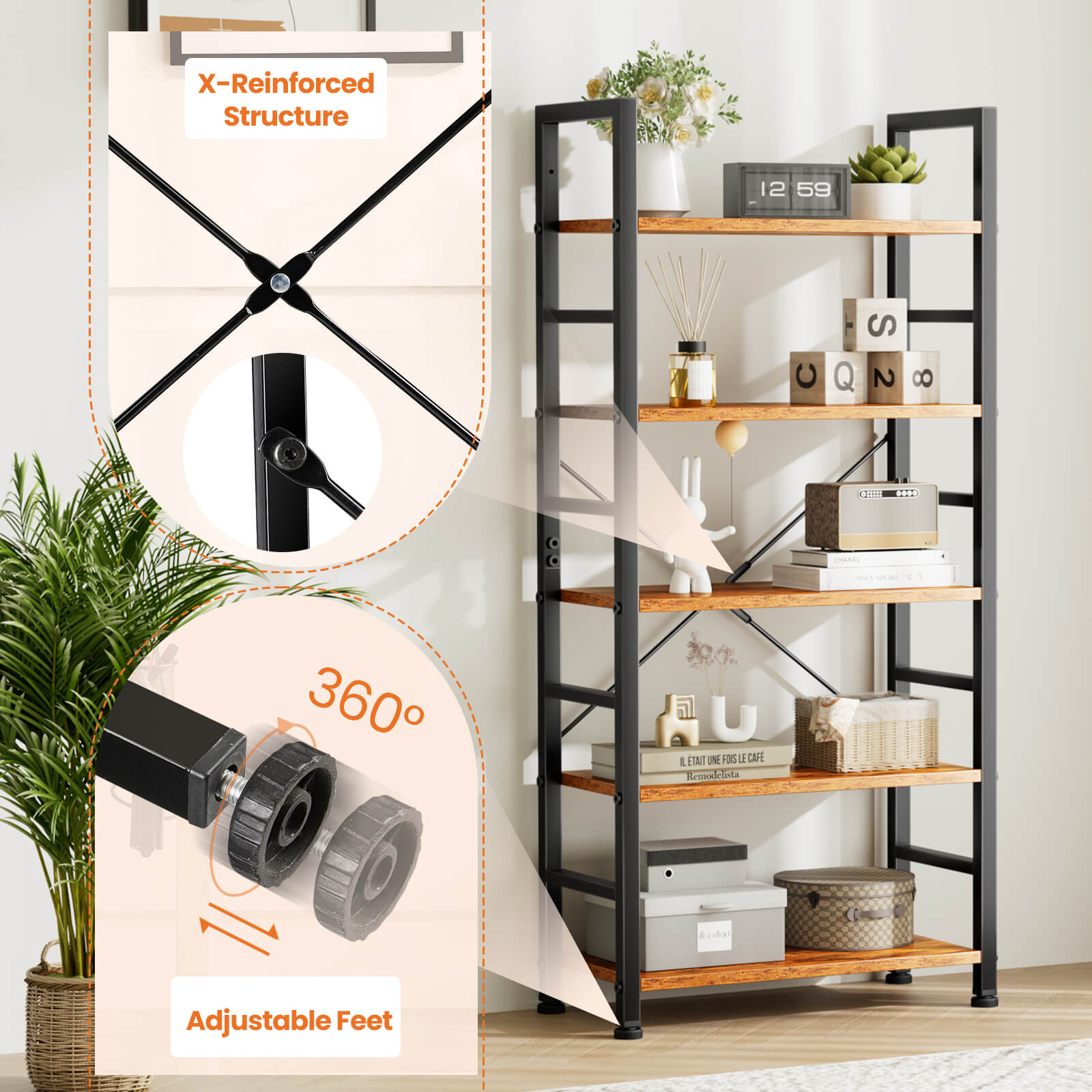 5-Tier Bookcase - Tall Bookshelf Modern Book Case for Books, Garage Kit, CDs, Movies, for Bedroom Home Office Kitchen Living Room