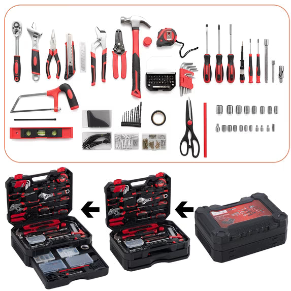 EDX 330-Piece Household Tool Set, Universal Home and Auto Repair Tool Kit with Drawer Toolbox Storage, Black and Red