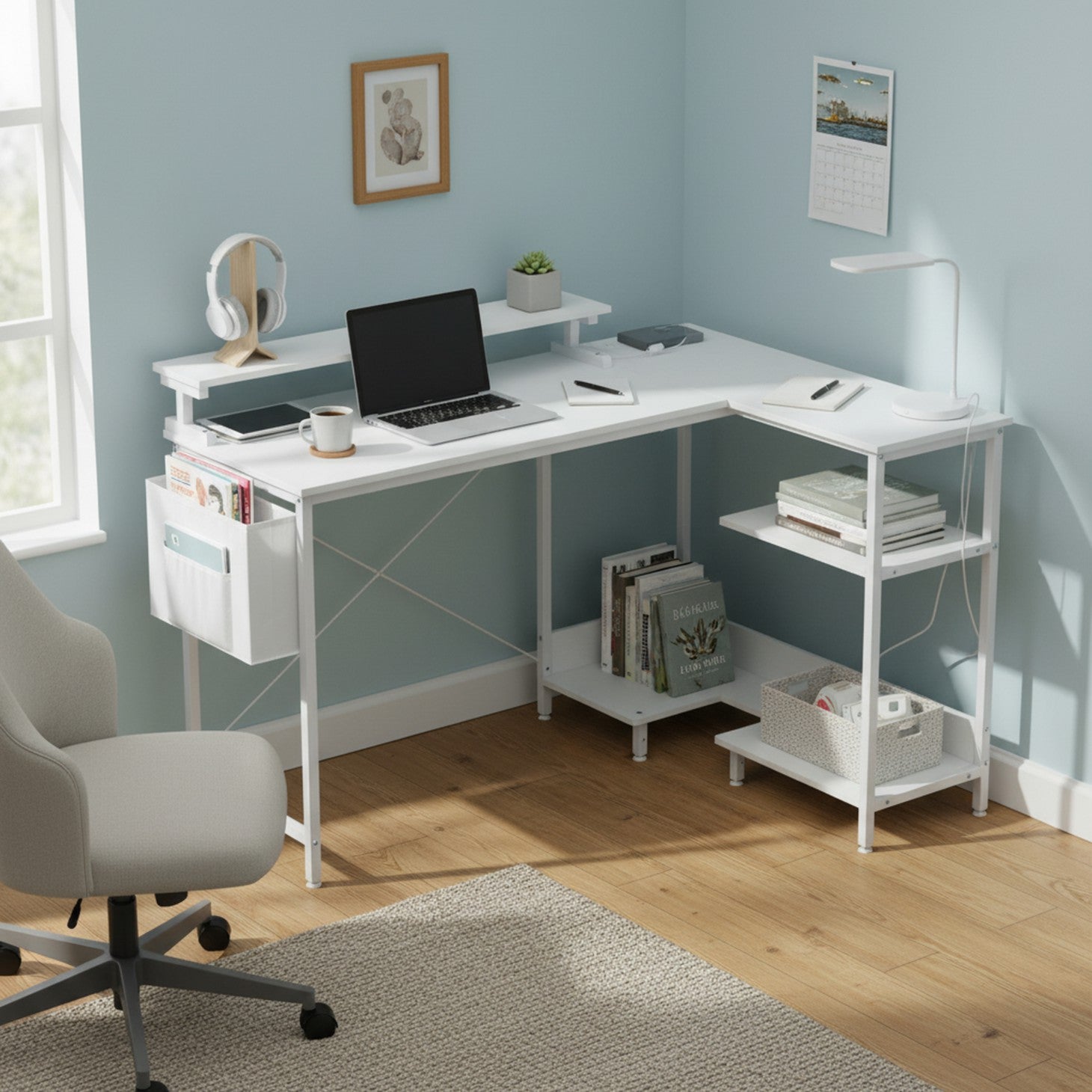 Edx L-Shaped Gaming Desk with USB-C Charging Ports, Smart LED Lights, 3 Storage Shelves & Monitor Stand Electric Corner Computer Desk for Home Office