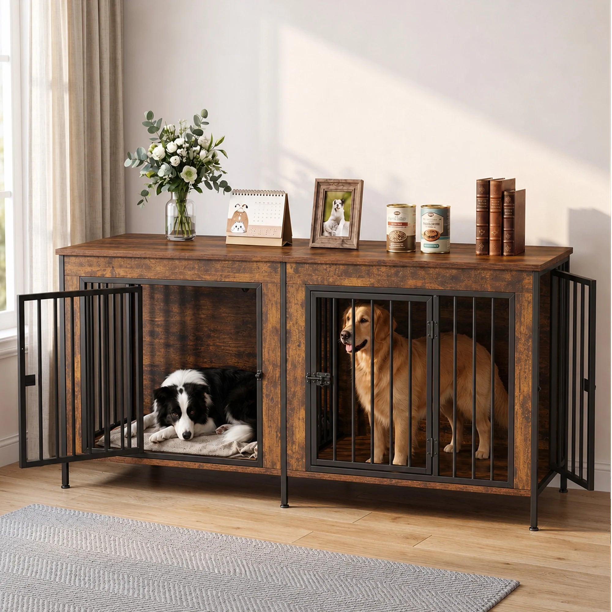 EDX Double Dog Crate Furniture for 2 Dogs,Heavy Duty Dog Kennel Furniture with Divider,Indoor Pet House End Table TV Stand with Extra Large Double Door
