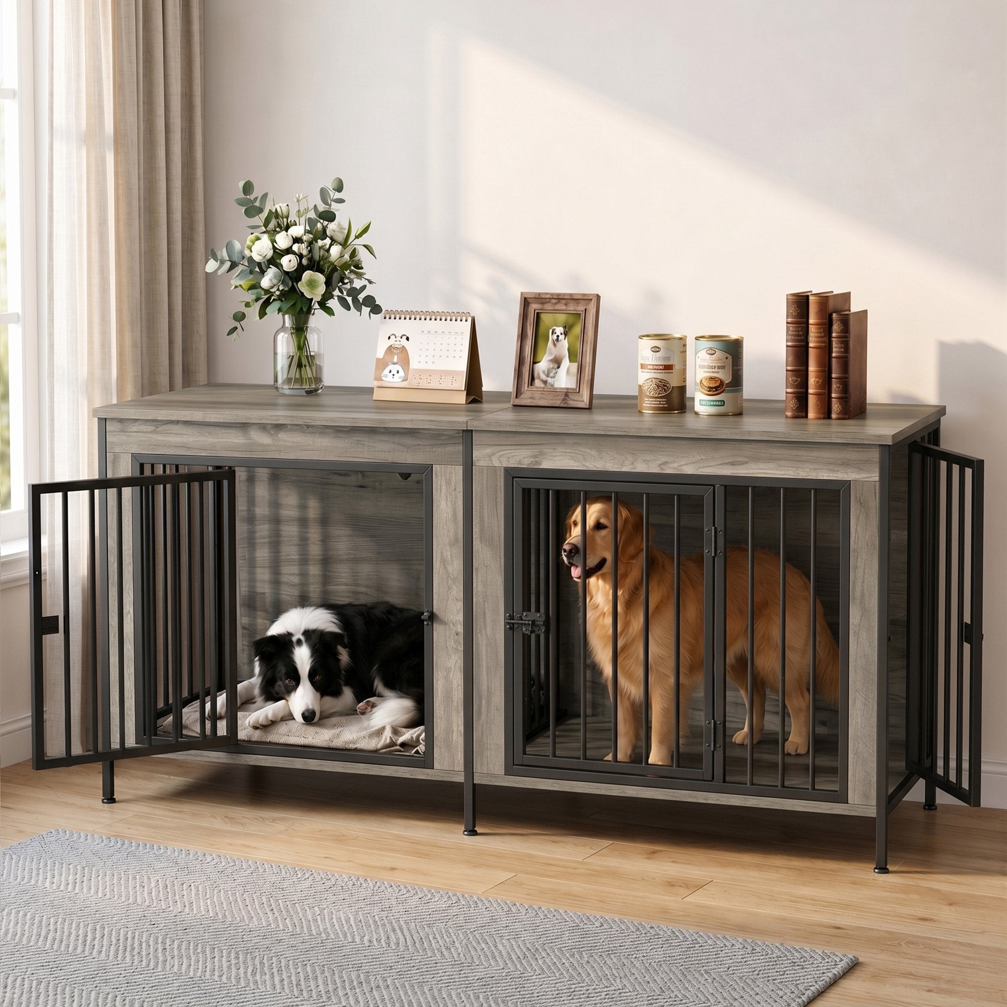 EDX Double Dog Crate Furniture for 2 Dogs,Heavy Duty Dog Kennel Furniture with Divider,Indoor Pet House End Table TV Stand with Extra Large Double Door