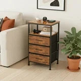 edx 3 Fabric Drawers Nightstand with Charging Station & USB/Type-C Ports and Outlets, Variable Light Strip Bedside End Table with Adjustable Feet for Bedroom, Rust Brown