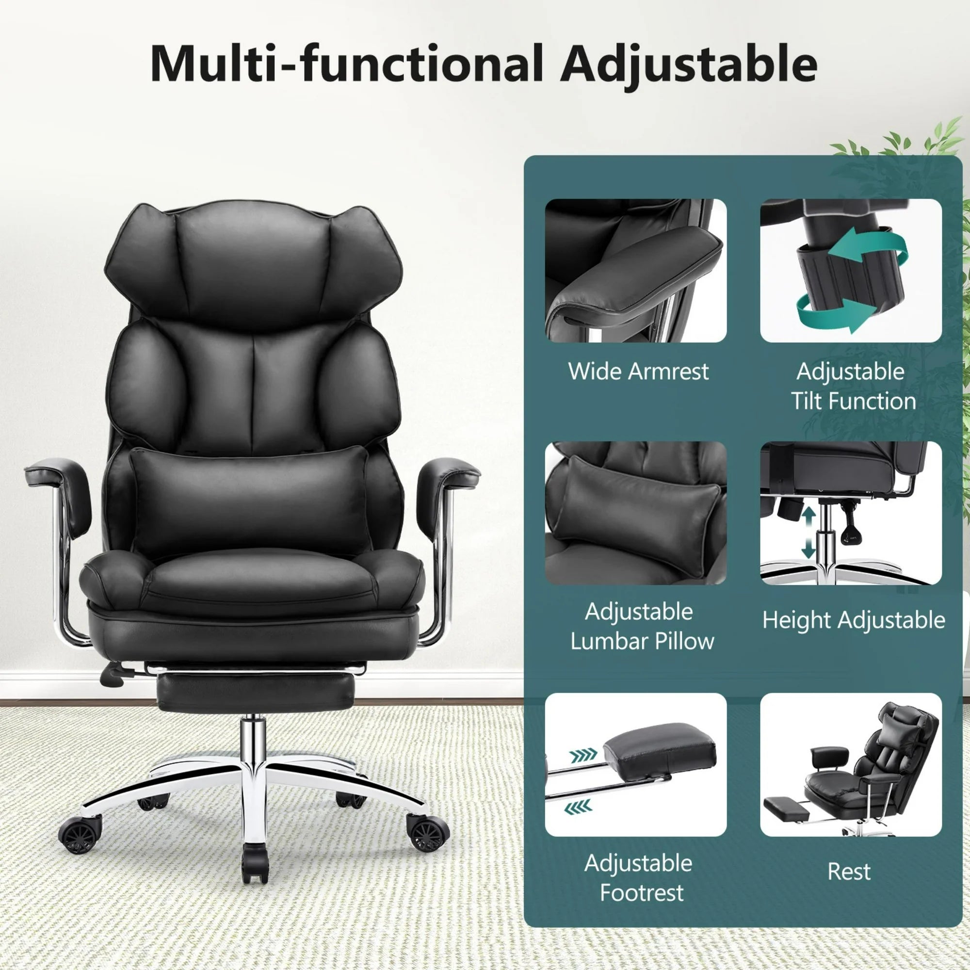 edx Executive Home Office Desk Chair, Ergonomic Big Tall High Back with Footrest & Lumbar Support, Reclining Comfy PU Leather Computer Gaming Chair with Swivel Wheels, Height Adjustable