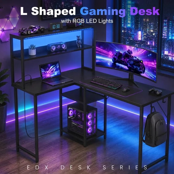 edx L shaped computer desk with RGB LED Light,Black