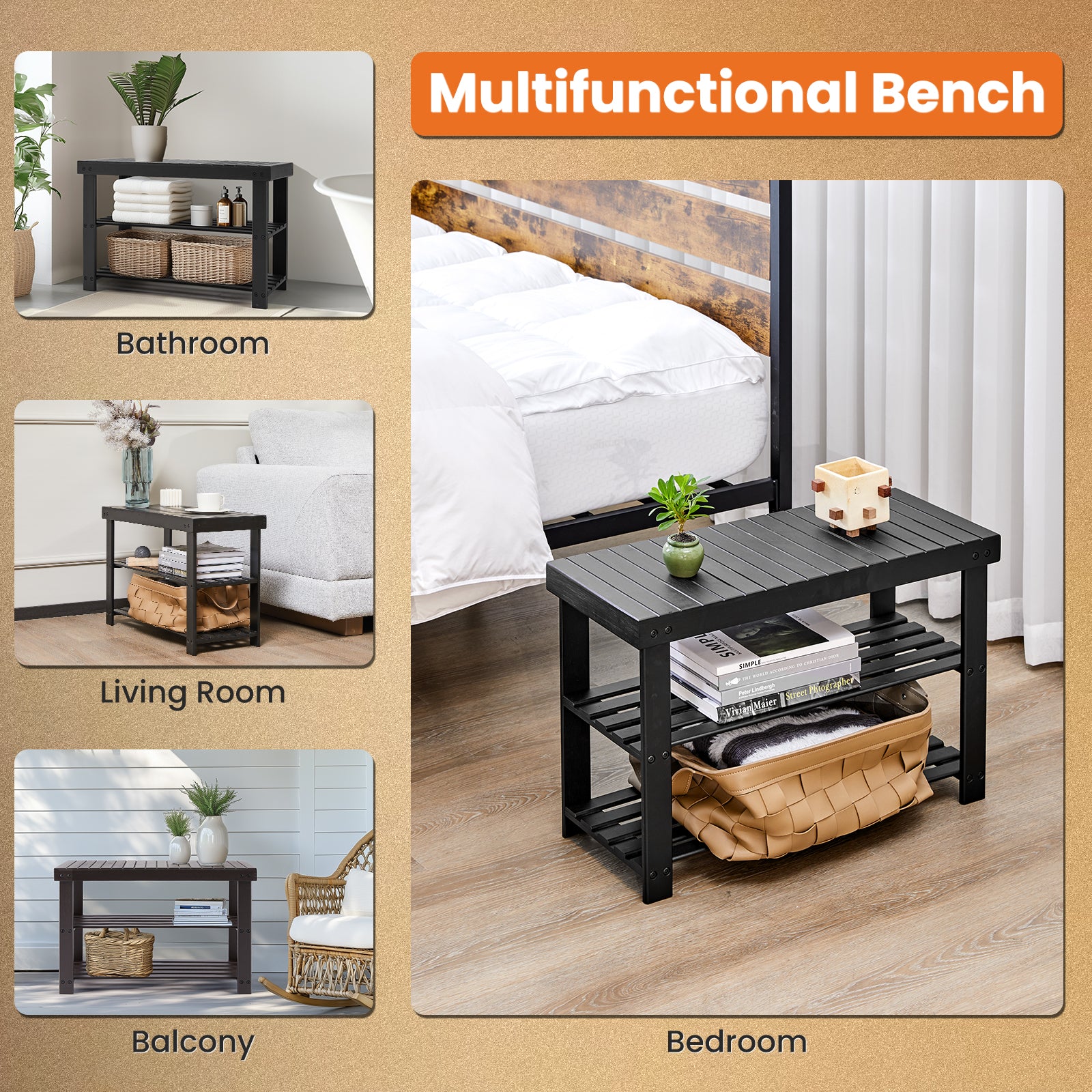 3-Tier Bamboo Shoe Rack Bench, 11.3 x 27.6 x 17.8 Inches Compact Storage Organizer with 286lb Capacity for Entryway, Bedroom and Living Room