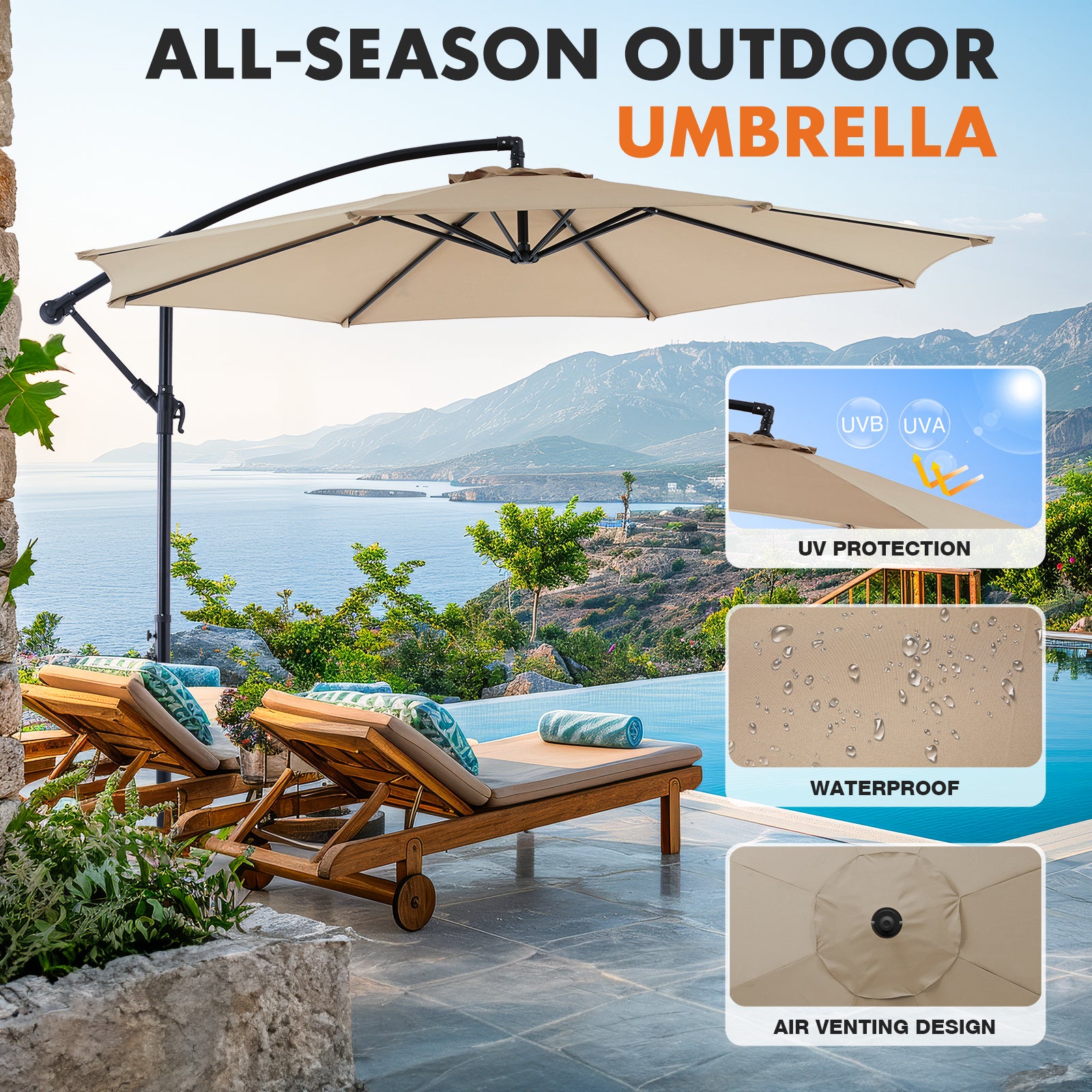 10FT Offset Hanging Patio Umbrella Outdoor with Push Button Tilt & Self-Locking, Polyester Shade, 8 Sturdy Ribs, Blue