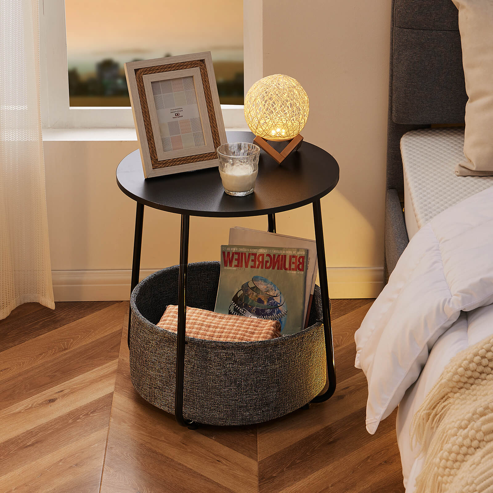 edx Compact nightstand, sofa side table, can be used in living room, nursery room, bedroom, comes with fabric basket for easy storage