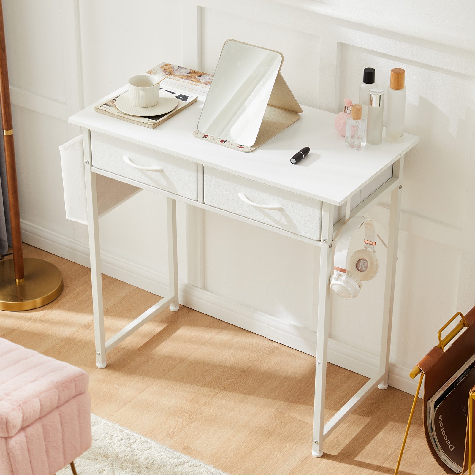 Small Desk Fabric Drawers & Storage Shelves, Computer Desk for Home, Bedroom