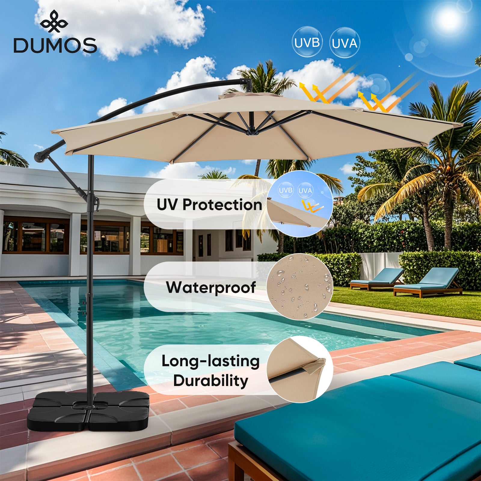 10FT Offset Cantilever Patio Umbrella with Easy Tilt & Crank, Self-Locking Design, 8 Robust Ribs for Outdoor Shade, Ideal for Decks and Gardens