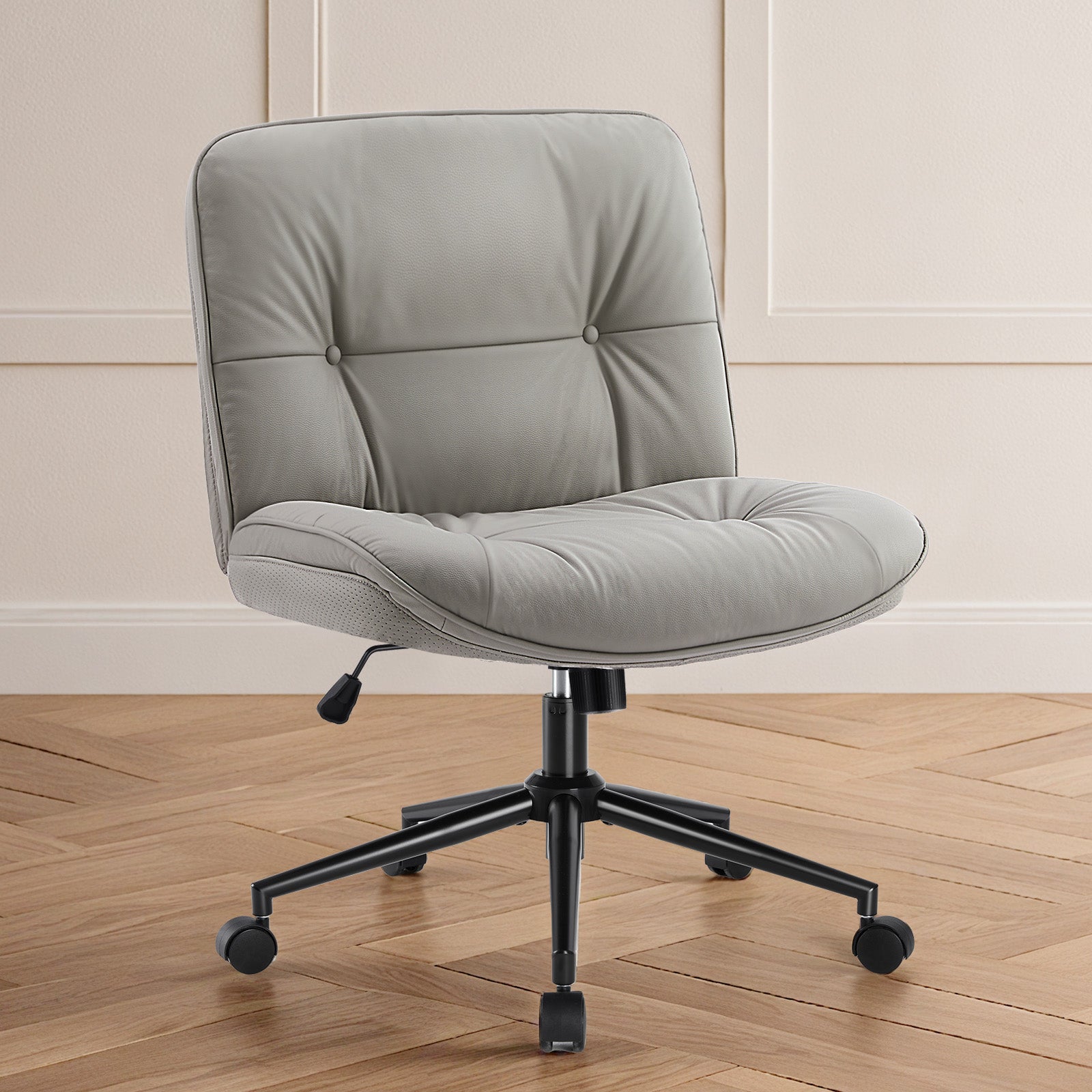ZUNMOS Armless Office Chair without Wheels, Wide Ergonomic Artificial Leather Swivel Chair with Height Adjustable, Comfortable Computer Accent Chair for Living or Bed Room
