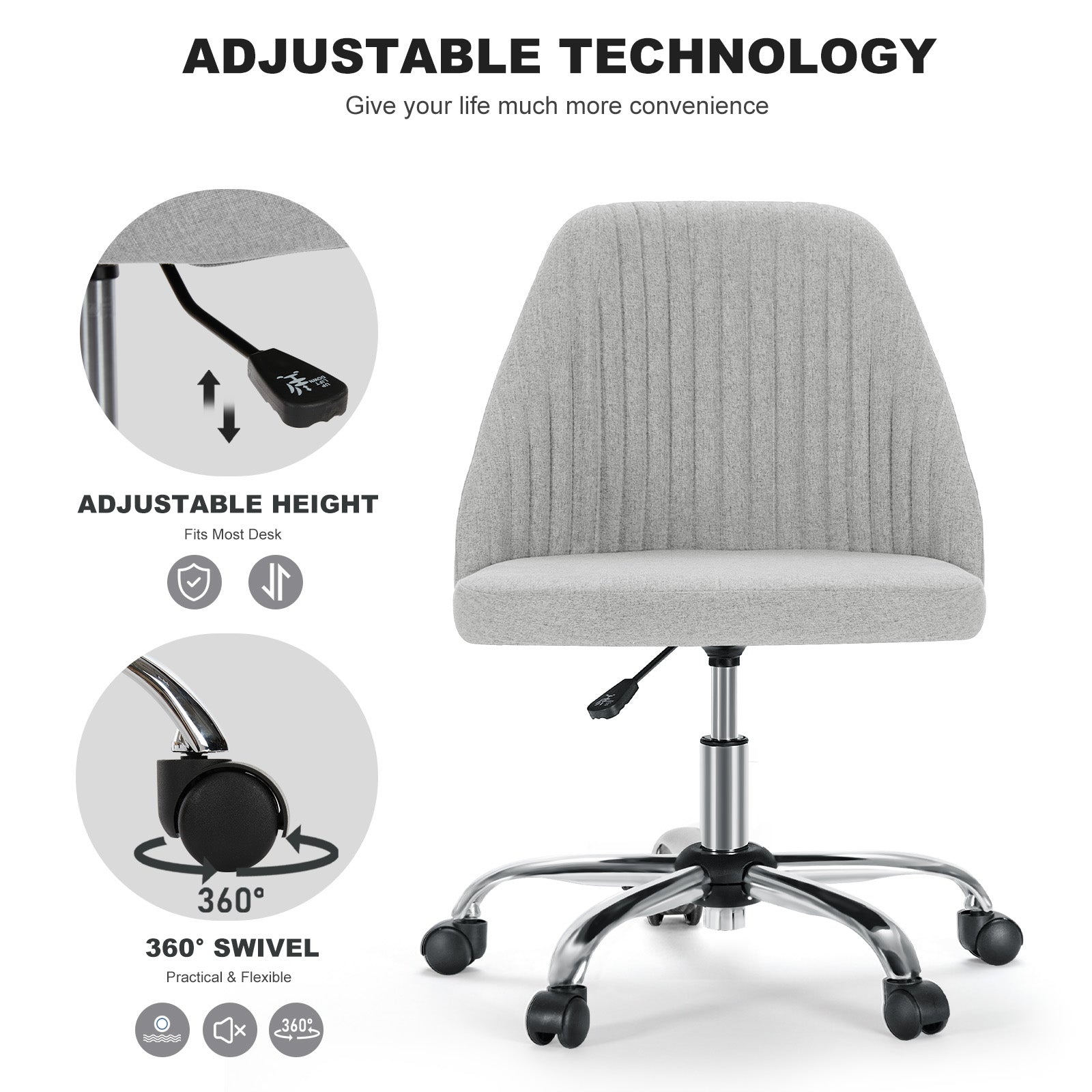 Modern Fabric Armless Adjustable Swivel Office Desk Chairs with Wheels