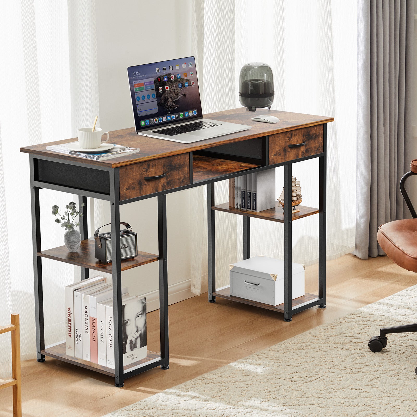 Small Desk Fabric Drawers & Storage Shelves, Computer Desk for Home, Bedroom