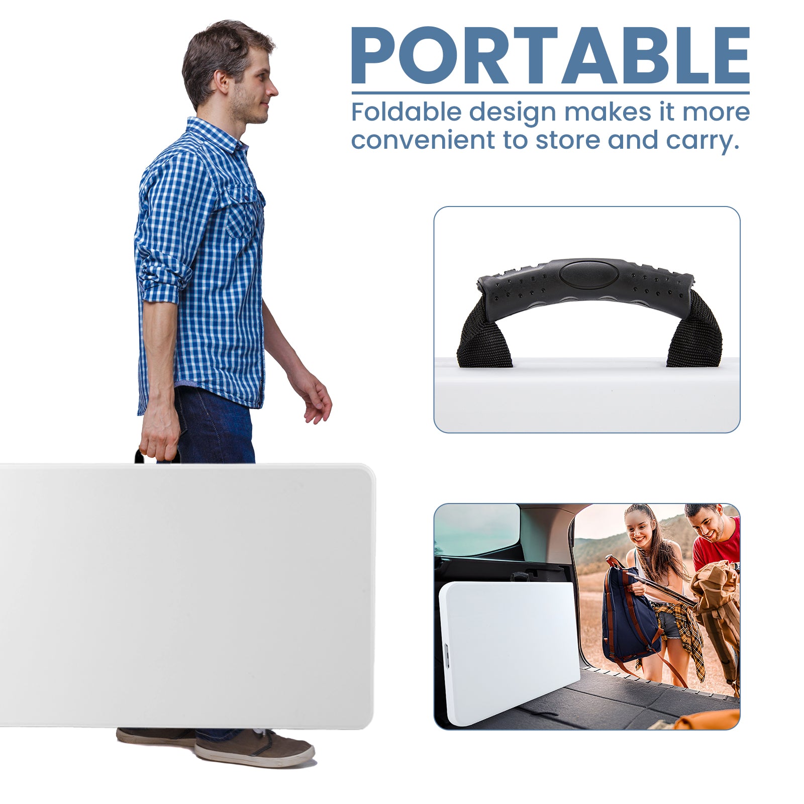 Plastic Folding Table for Indoor and Outdoor Use, Great for Picnics, Camping, Barbecues and Parties, Built-in Carrying Handle, White