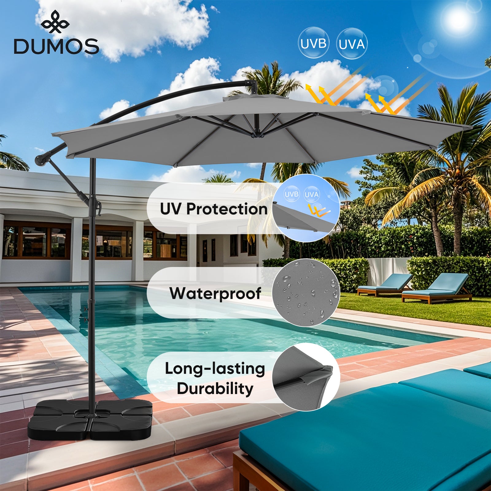 10FT Offset Cantilever Patio Umbrella with Easy Tilt & Crank, Self-Locking Design, 8 Robust Ribs for Outdoor Shade, Ideal for Decks and Gardens