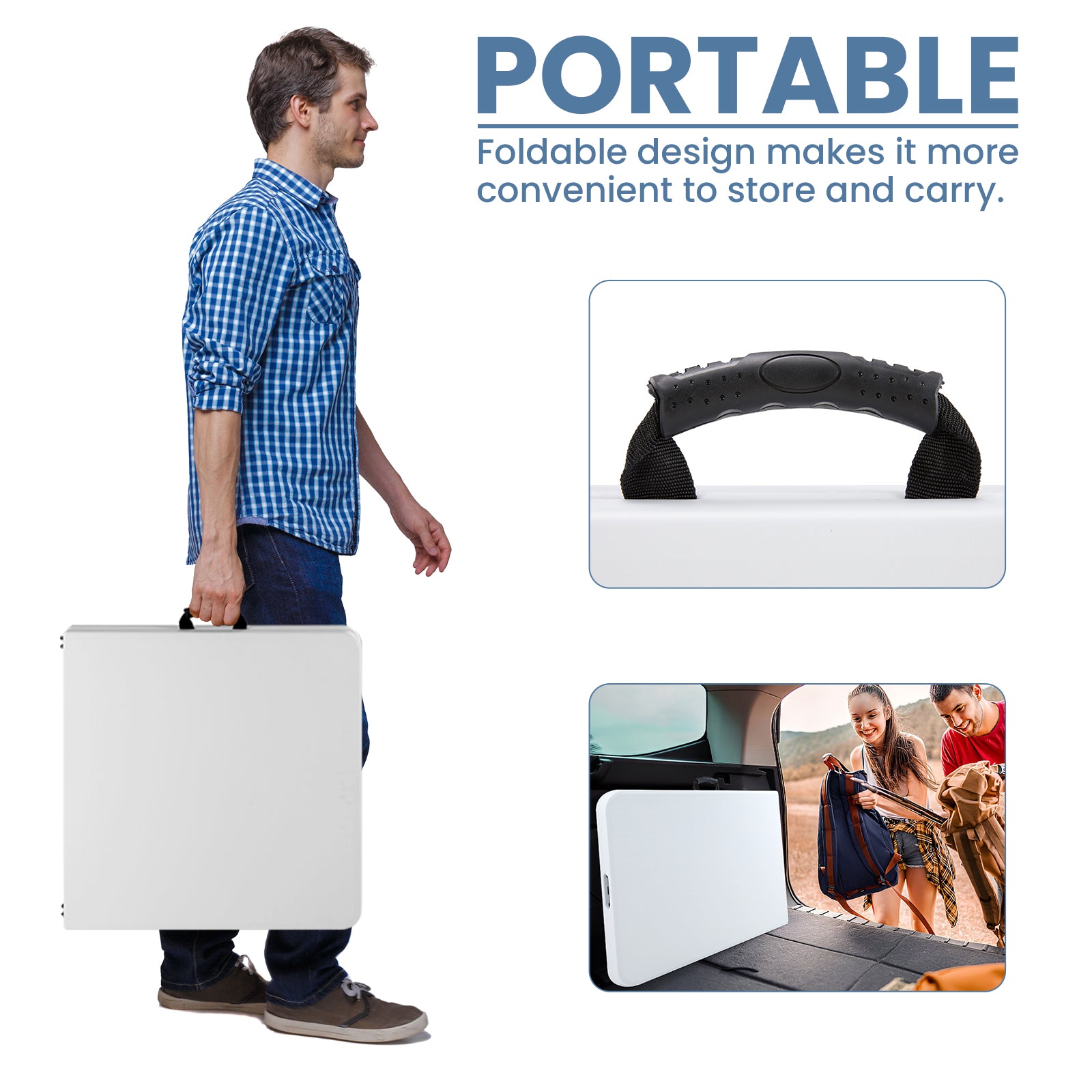 Plastic Folding Table for Indoor and Outdoor Use, Great for Picnics, Camping, Barbecues and Parties, Built-in Carrying Handle, White