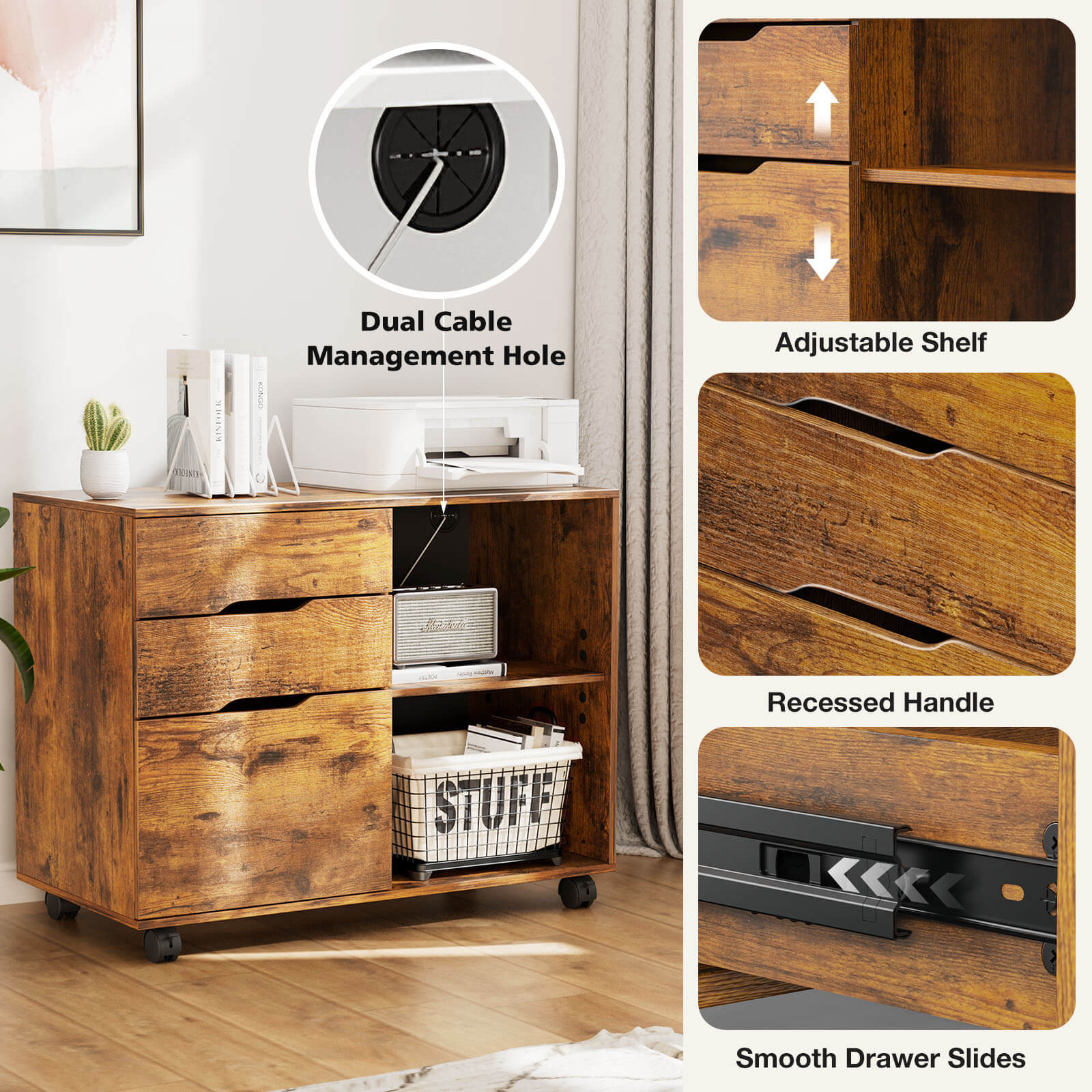 edx Lateral File Cabinet - with 3 Drawers, Rolling Wooden File Storage Drawer, Black Printer Stand Under Desk Organiser for Office, Home