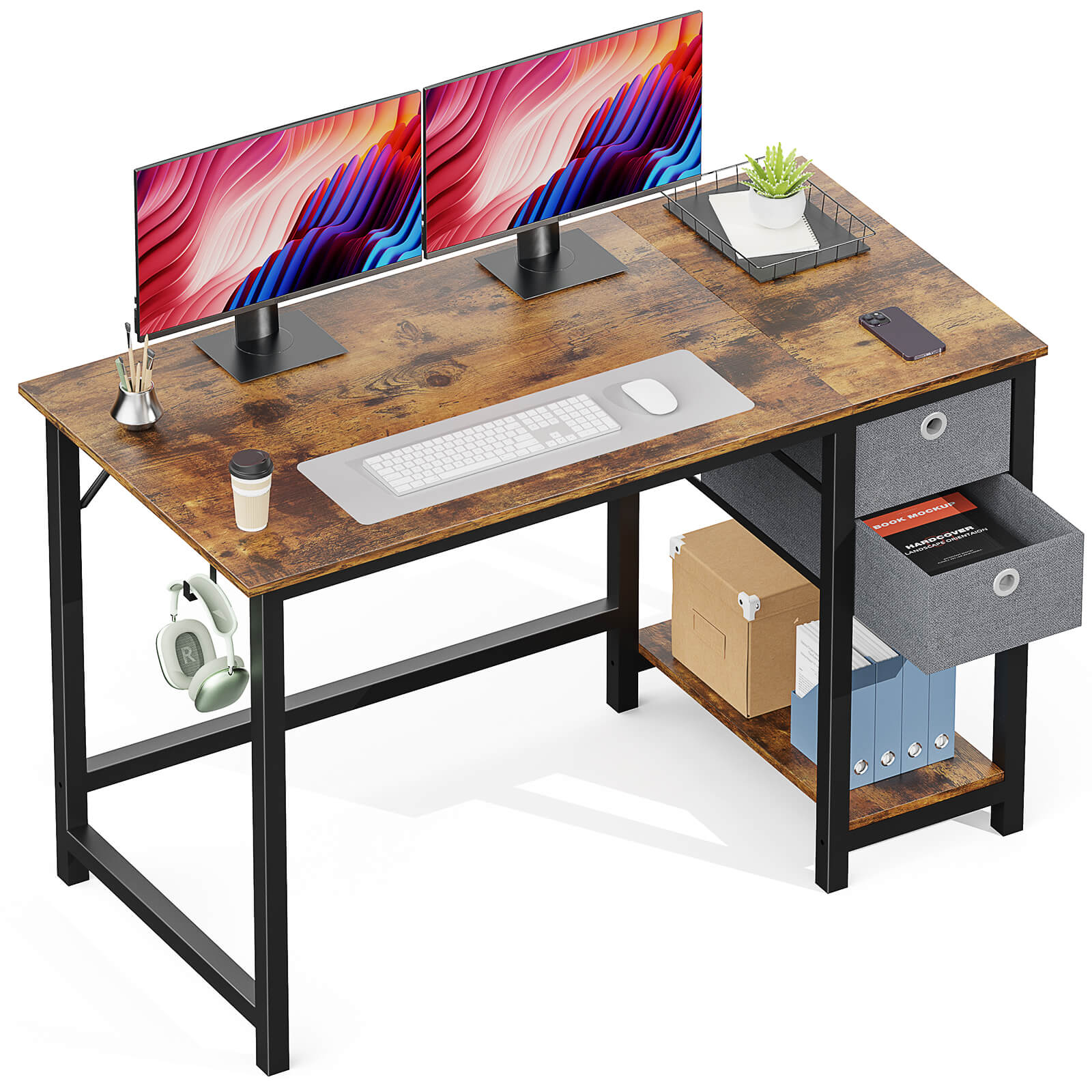 edx Computer Desk -40/47/55 inch Desk Study Desk with 2 Drawer Storage Shelf Headphone Hook for Bedroom, Game Room, Office, Living Room