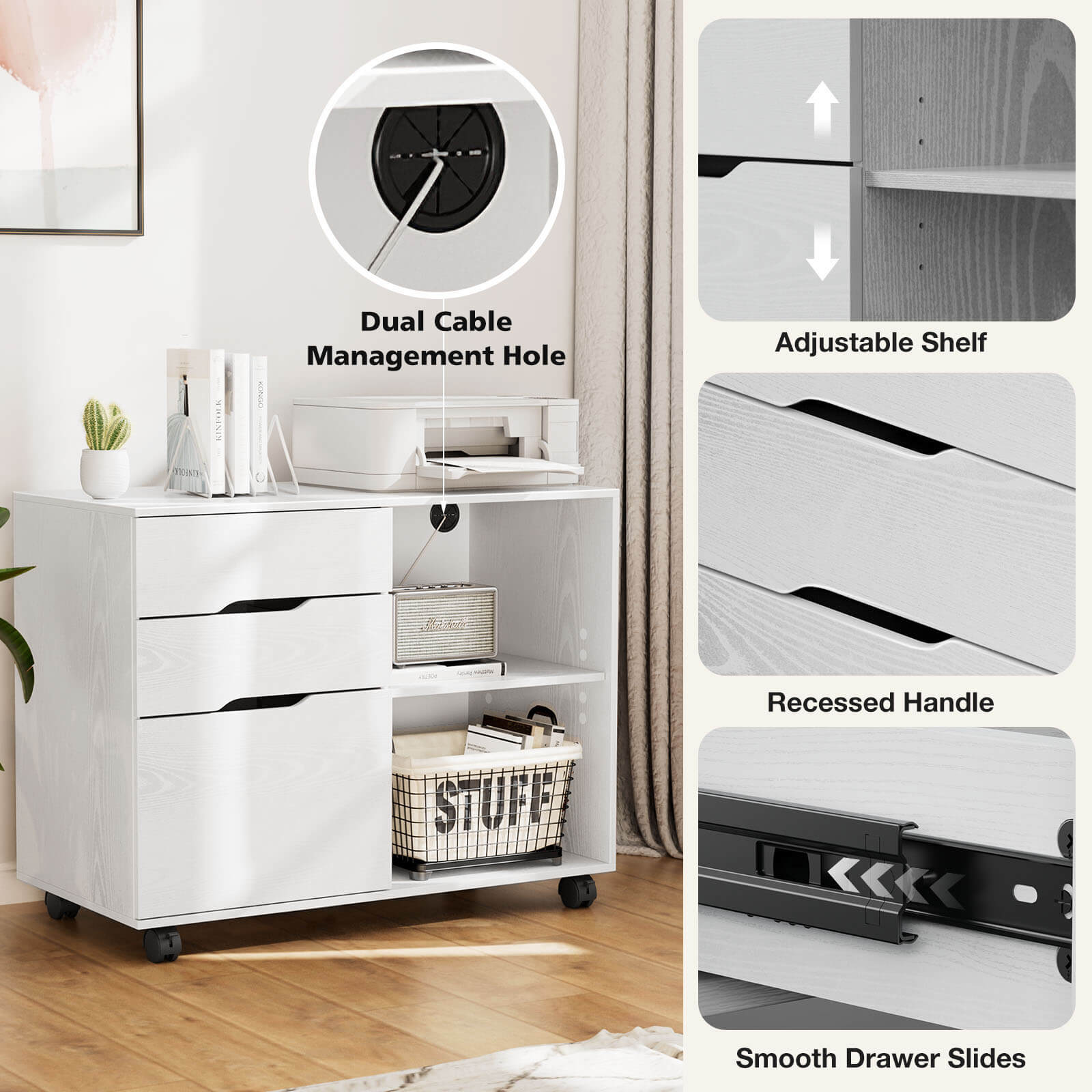 edx Lateral File Cabinet - with 3 Drawers, Rolling Wooden File Storage Drawer, Black Printer Stand Under Desk Organiser for Office, Home