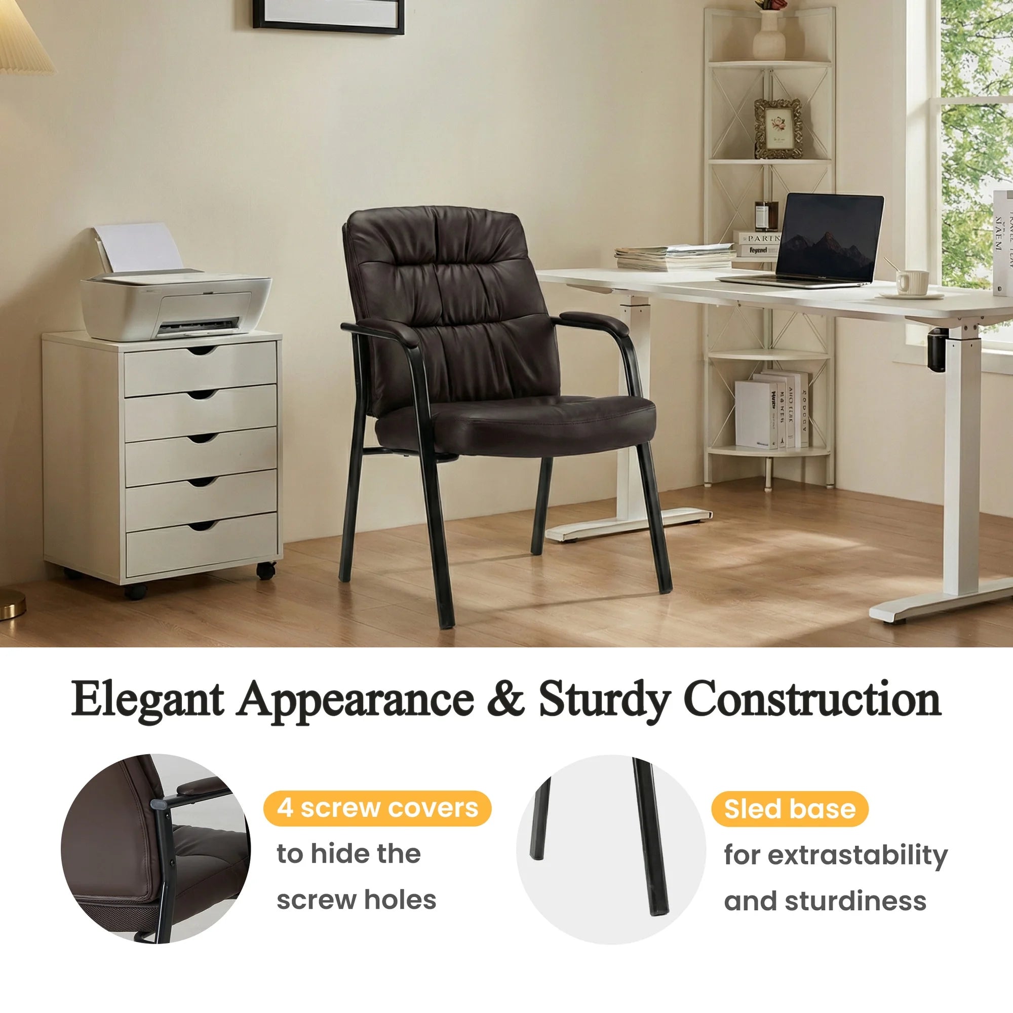 EDX Guest Chair, Leather Reception Chair with Fixed Padded Armrests for Office Waiting Room & Lobby Area Seating, 1Pack