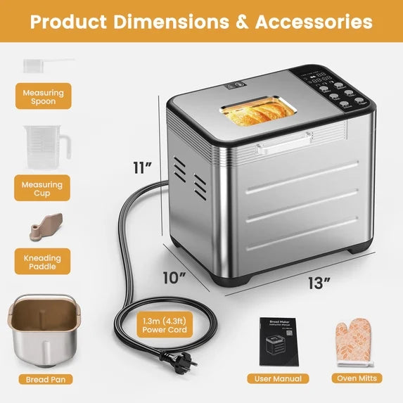 EDX Bread Maker, 20-in-1 Automatic Bread Machine with Stainless Steel Housing & Nonstick Ceramic Pan, 3 Loaf Sizes & 3 Crust Colors, 12-Hour Delay