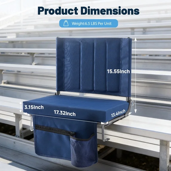 Edx Stadium seats, with cushioned steps, back support, portable, dimensions of 17 inches wide x 12 inches deep x 16 inches high