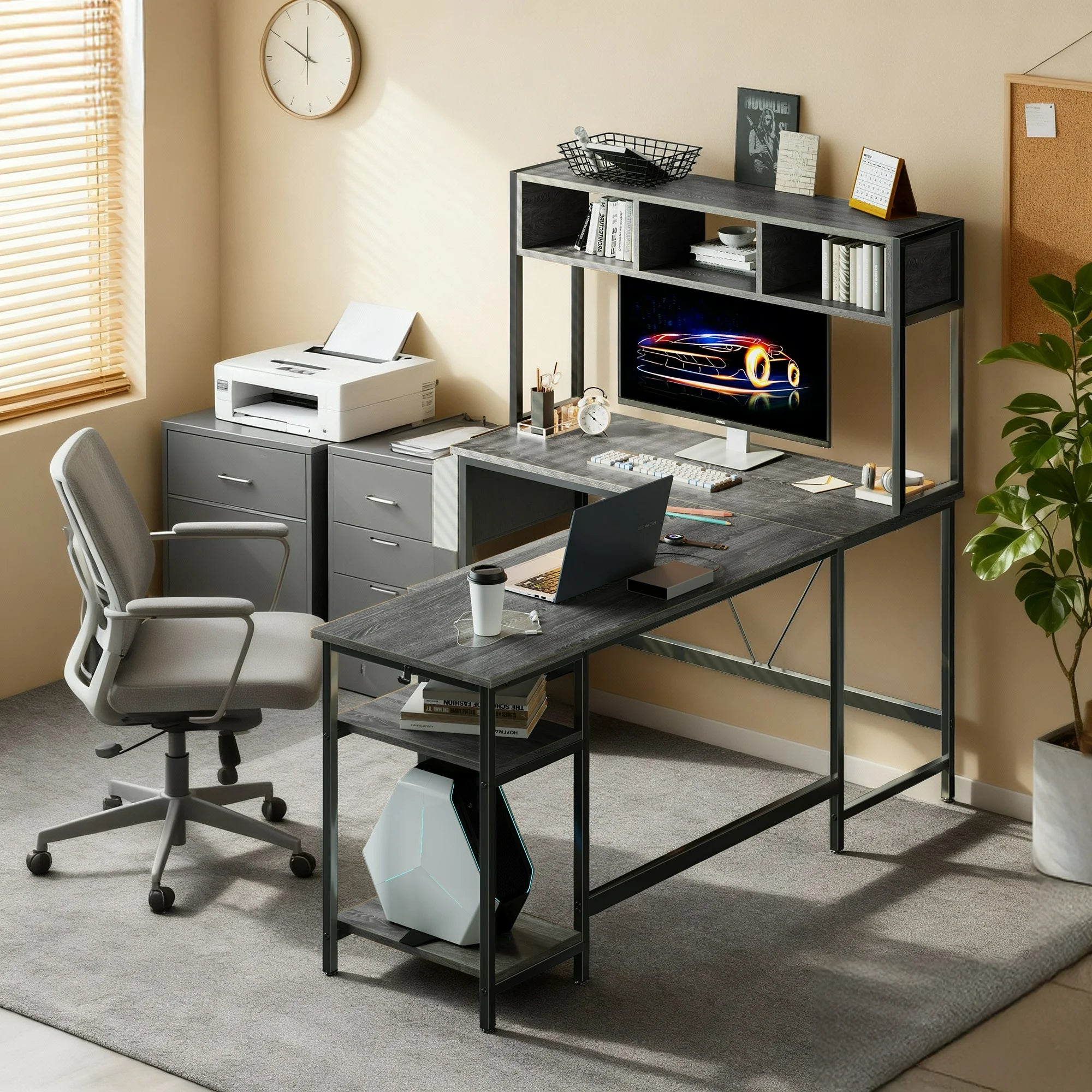 EDX 67‘’ L Shaped Computer Desk with LED Light & Power Outlet, Reversible Table with Shelf & Storage Bag & Keyboard Tray for Home Office, Corner Desk