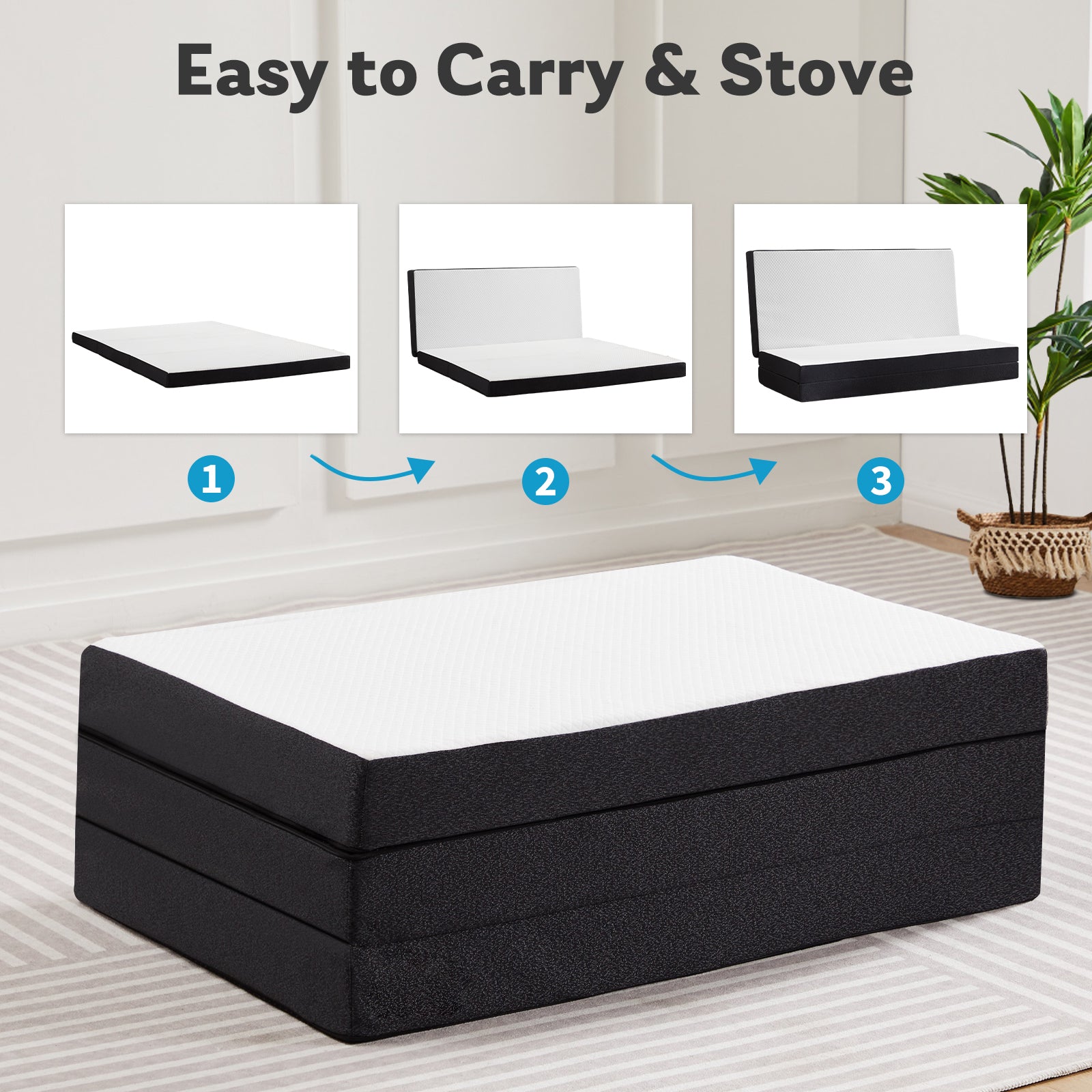 Folding Mattress, 3 inch Tri-fold Memory Foam Mattress Topper for Camping, Foldable Mattress Topper with Washable Cover, Guest, Twin Size, White