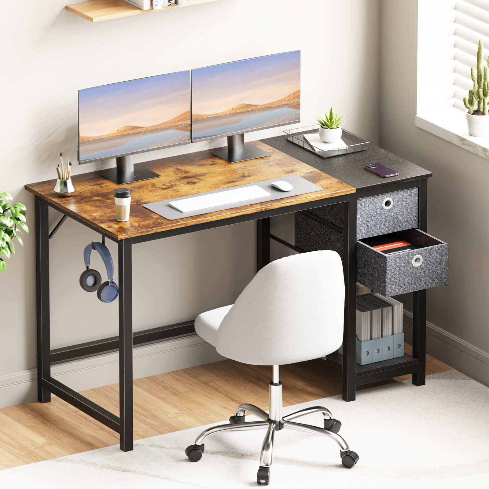 edx Computer Desk -40/47/55 inch Desk Study Desk with 2 Drawer Storage Shelf Headphone Hook for Bedroom, Game Room, Office, Living Room