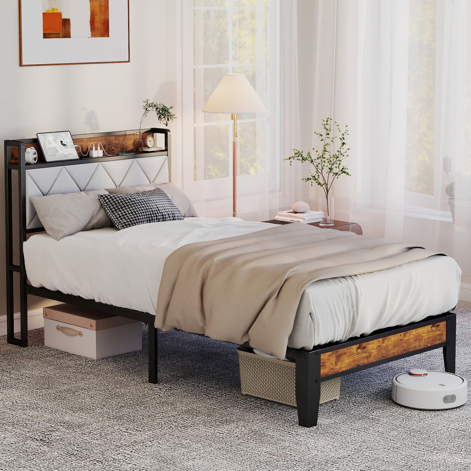 EDX Bed Frame with Headboard Integrated Charging Station, Spacious Underbed Storage,Simple No-Tool Assembly, No Box Spring Required