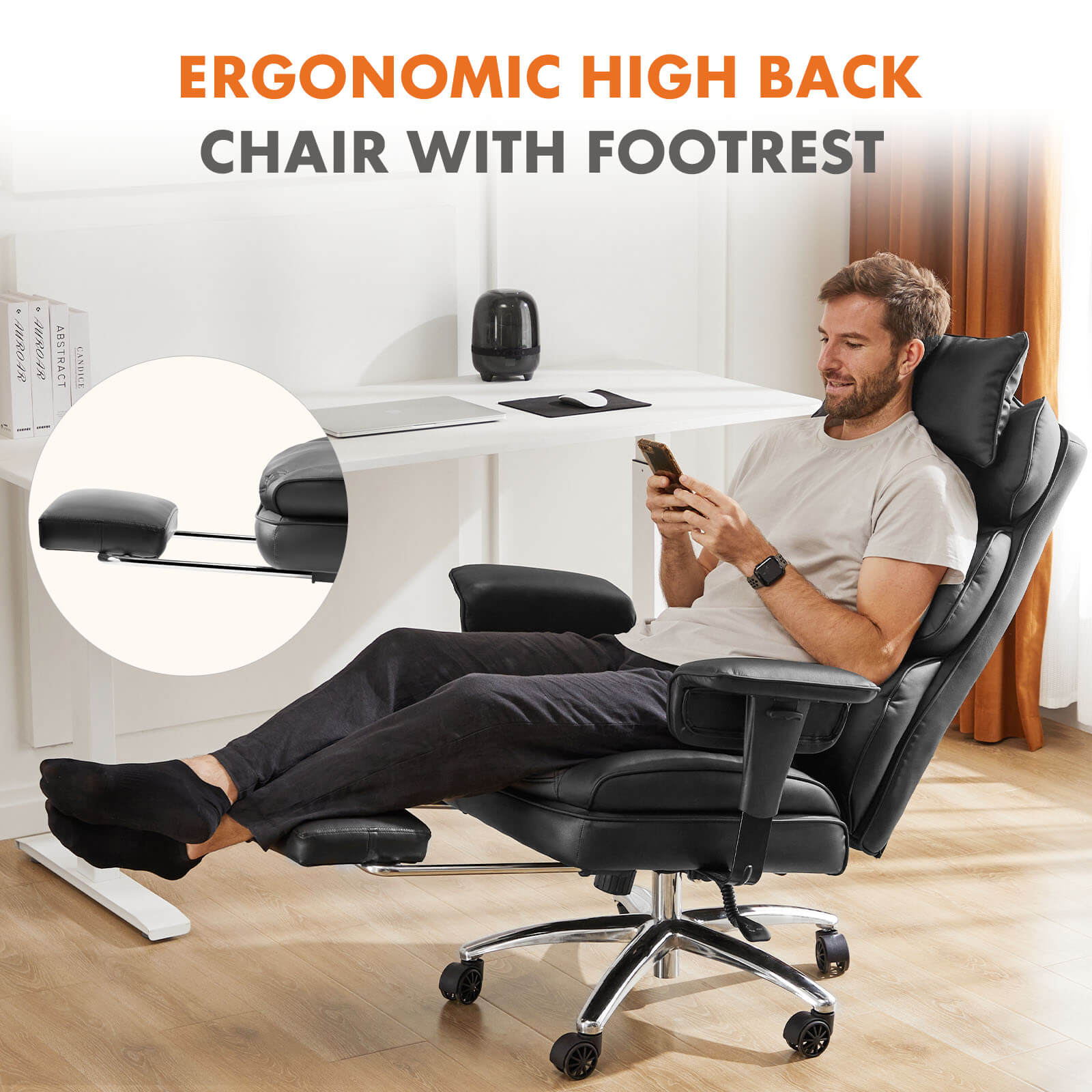edx Office Computer Chair - High Back PU Leather Taipan Swivel Chair with Ergonomic Leg Rest and Lumbar Support, Height Adjustable
