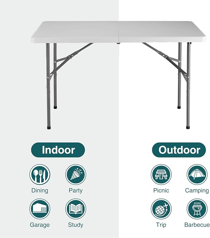 edx Folding Table, Outdoor Indoor Heavy Duty Portable with Carrying Handle for Camping, White