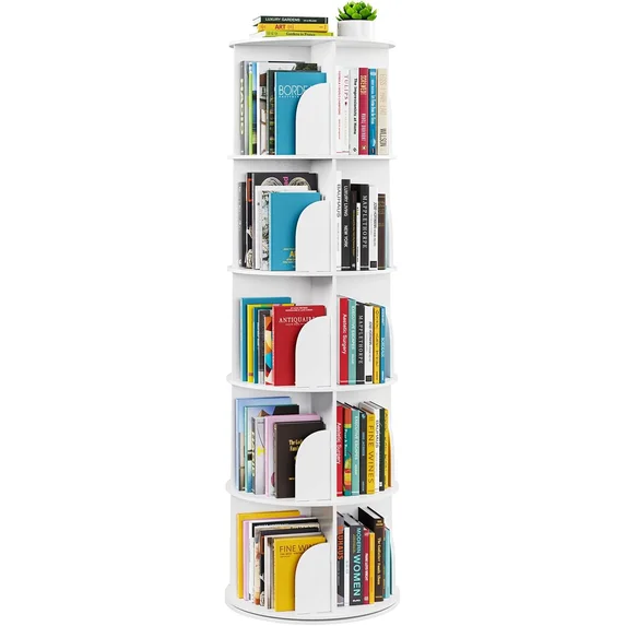 EDX Rotating Bookshelf Tower, Revolving 360 Book Shelf Storage Round Carousel, Vertical Rotate Turning Spiral Corner Organizer, White