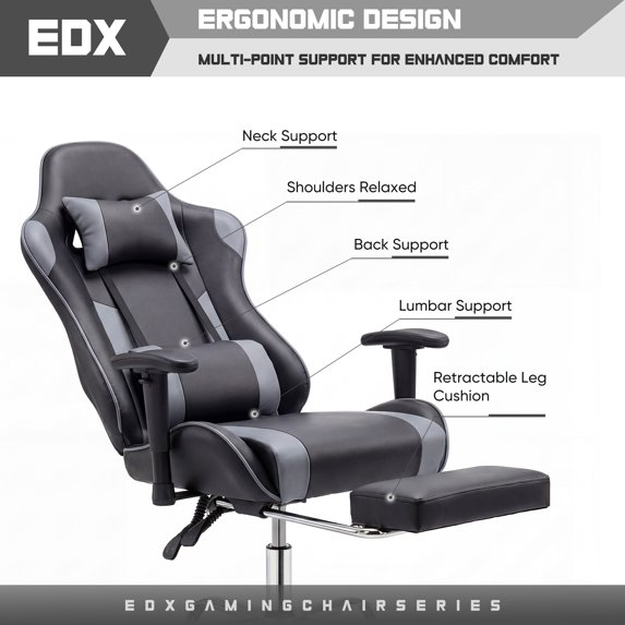 edx Ergonomic Video Gaming Chair High Back Office Chair with Lumbar Support and Adjustable Armrests Footrest Swivel Racing Chair
