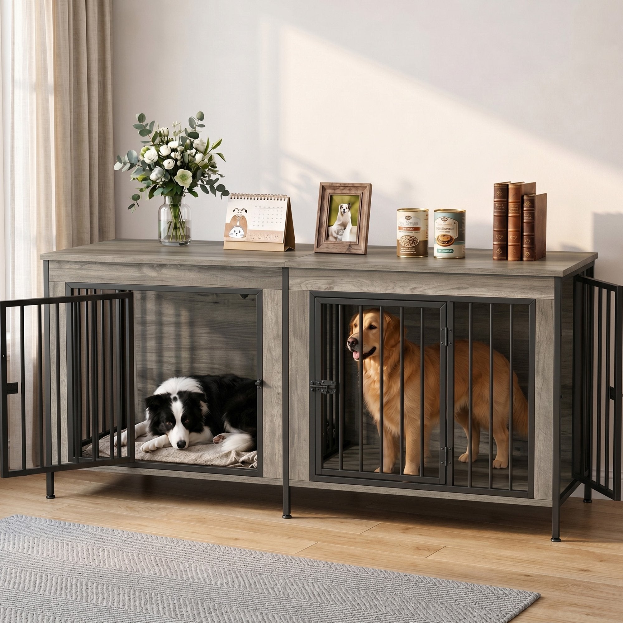 EDX Double Dog Crate Furniture for 2 Dogs,Heavy Duty Dog Kennel Furniture with Divider,Indoor Pet House End Table TV Stand with Extra Large Double Door