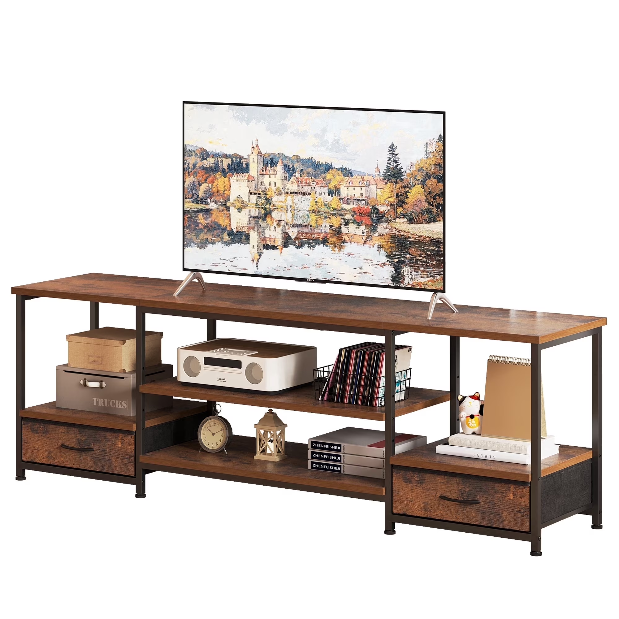 EDX TV Stand with Power Outlets and LED Light, Double-layer 2 Fabric Drawers , Media Console with Storage for Living Room or Bedroom, Rust