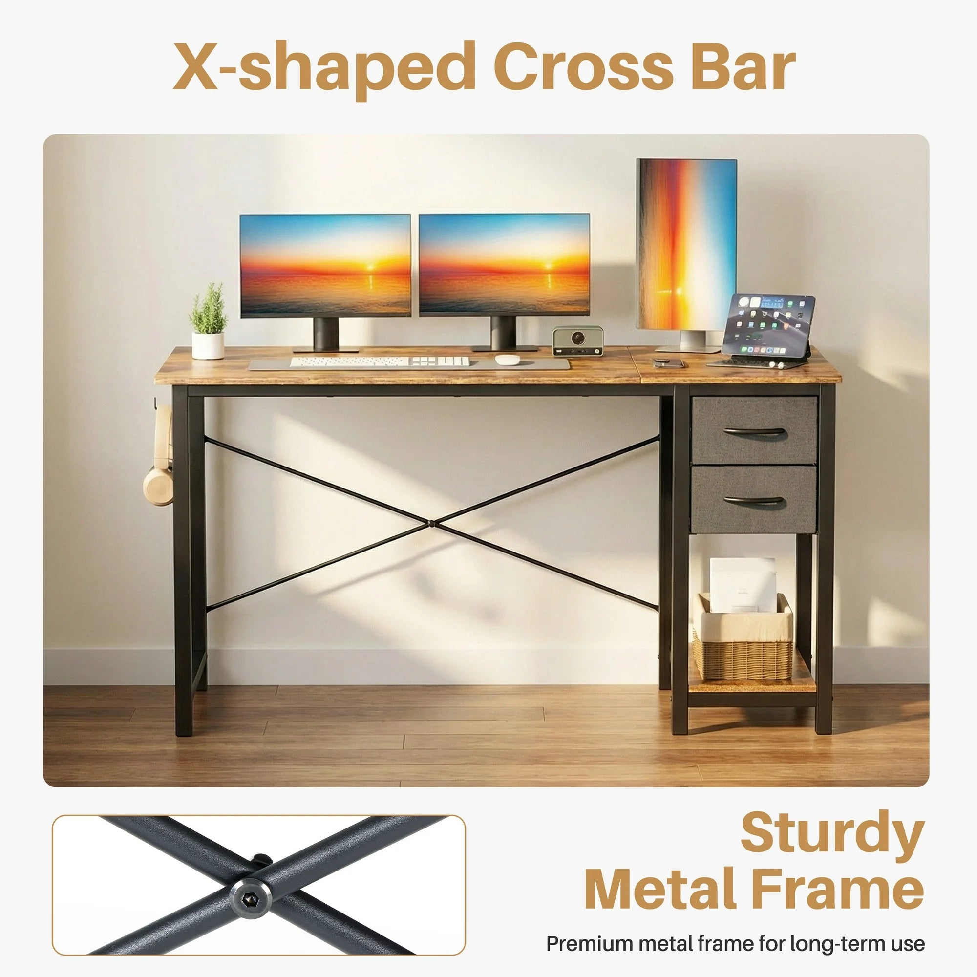 edx Computer Desk with 2 Drawers PC Table Study Writing Desk with Storage Shelf Headphone Hook, Simple Style Small Desk for Home