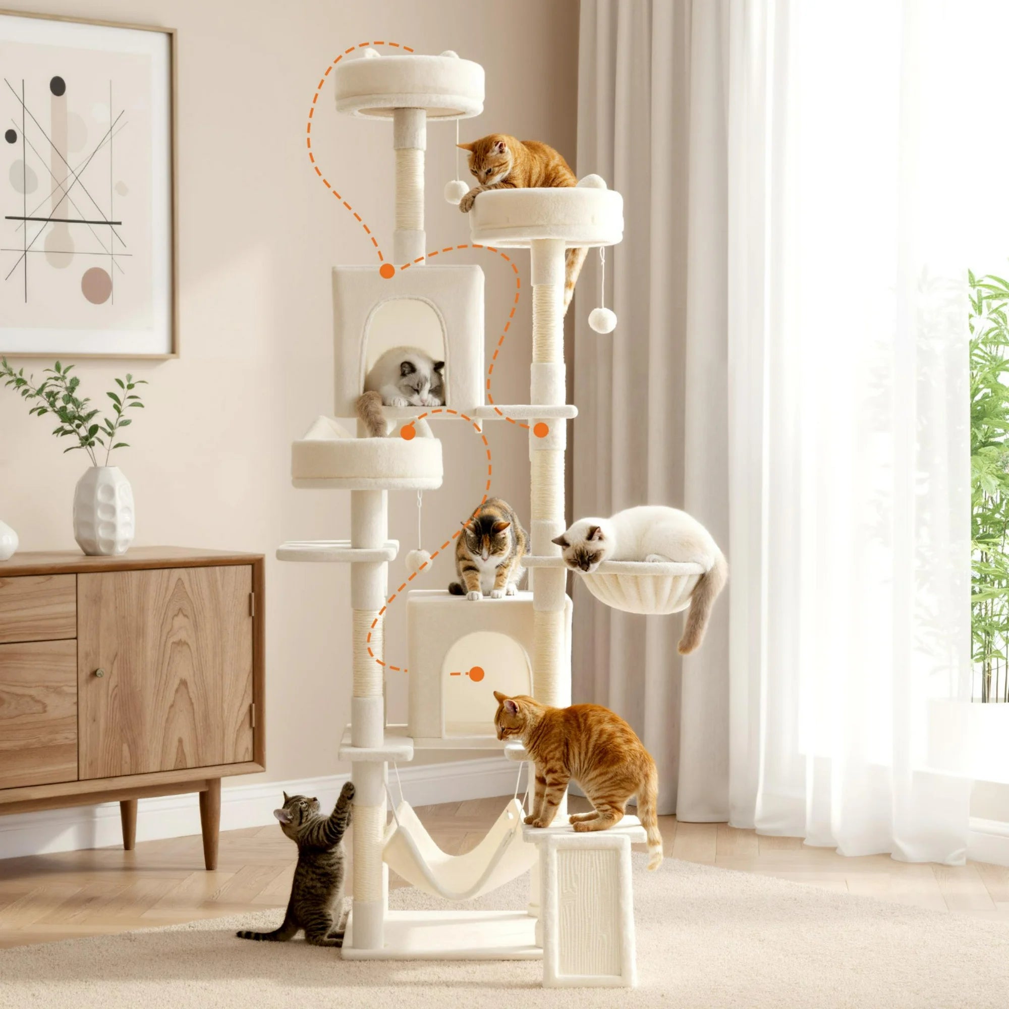EDX 75" Cat Tree Tower for Indoor Cats, Multi-Level Durable Cat Climbing Tower, Large Pet House with Natural Sisal Scratching Post, Cozy Condo, Extended Platform, Kitten Toy and Hammock