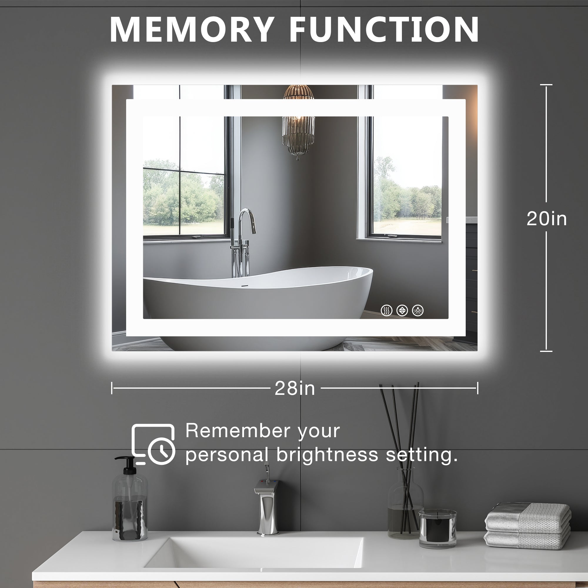 Rectangle LED Bathroom Mirror, Wall-Mounted Mirror with Adjustable Lights and Smart Memory Functionr, Enhanced Anti-Fog Feature