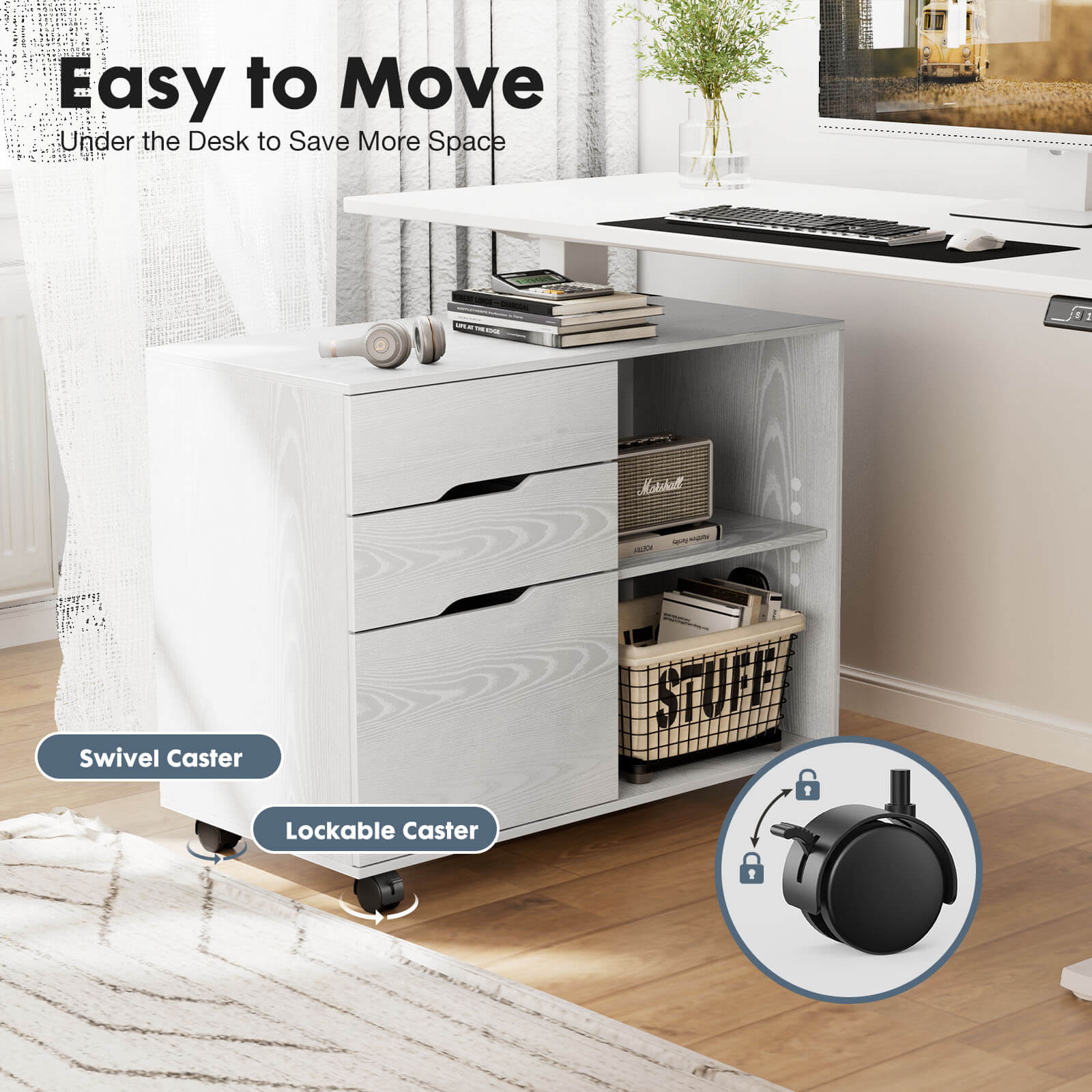 edx Lateral File Cabinet - with 3 Drawers, Rolling Wooden File Storage Drawer, Black Printer Stand Under Desk Organiser for Office, Home