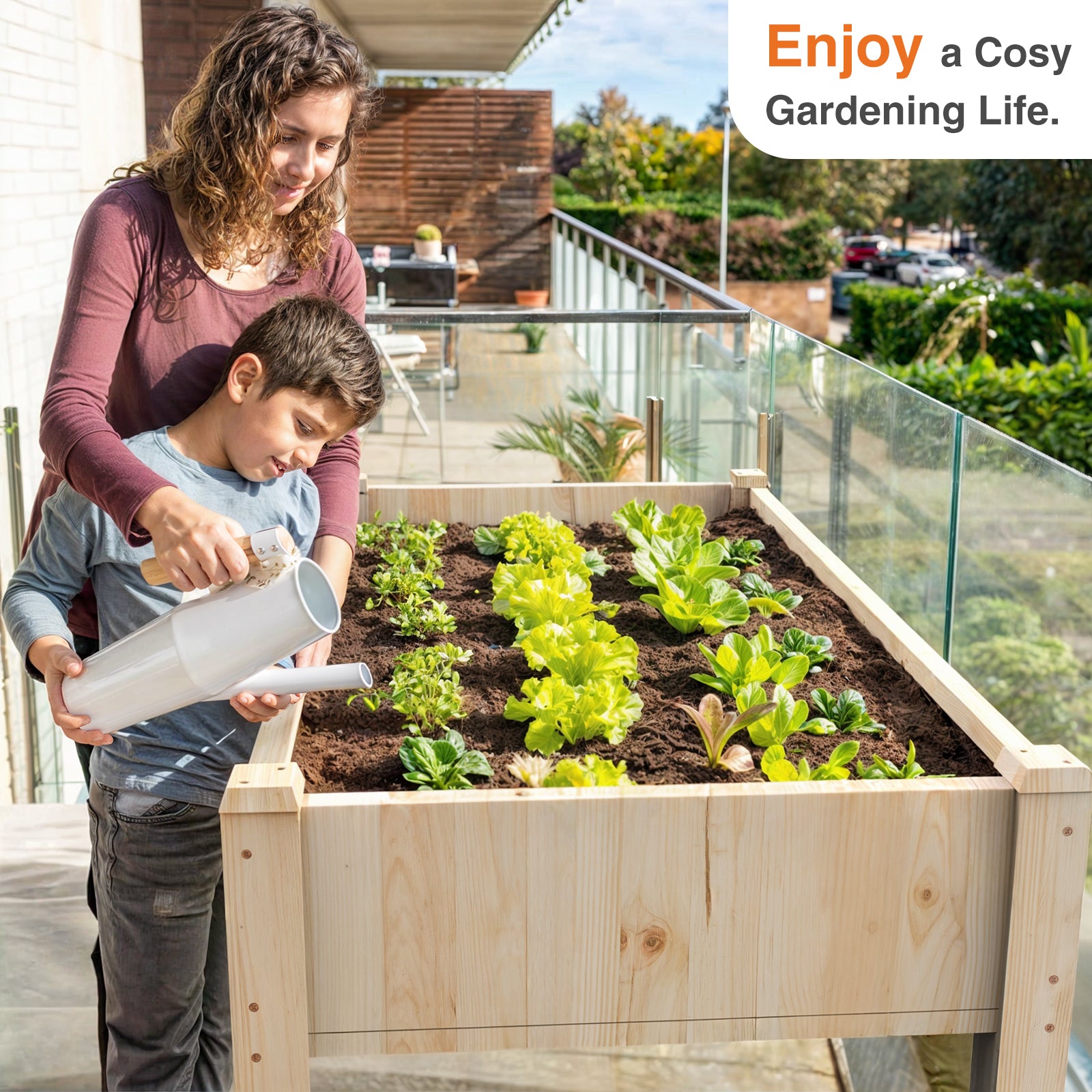 Outdoor Wood Raised Garden Bed, 48x24x30in Elevated Reinforced Large Planter Box with Storage Shelf for Vegetable Flower Backyard Patio Gardening Balcony & Bed Liner 300lb Capacity - Natural