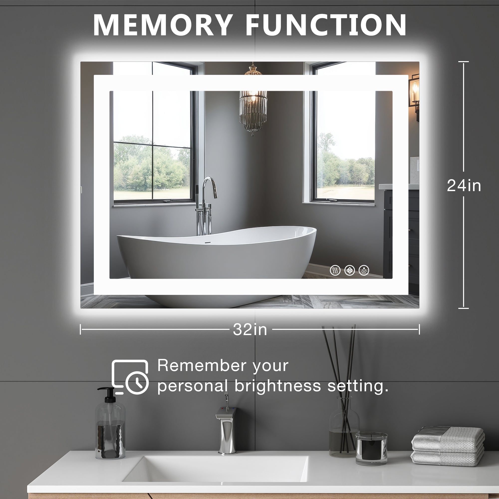 Rectangle LED Bathroom Mirror, Wall-Mounted Mirror with Adjustable Lights and Smart Memory Functionr, Enhanced Anti-Fog Feature
