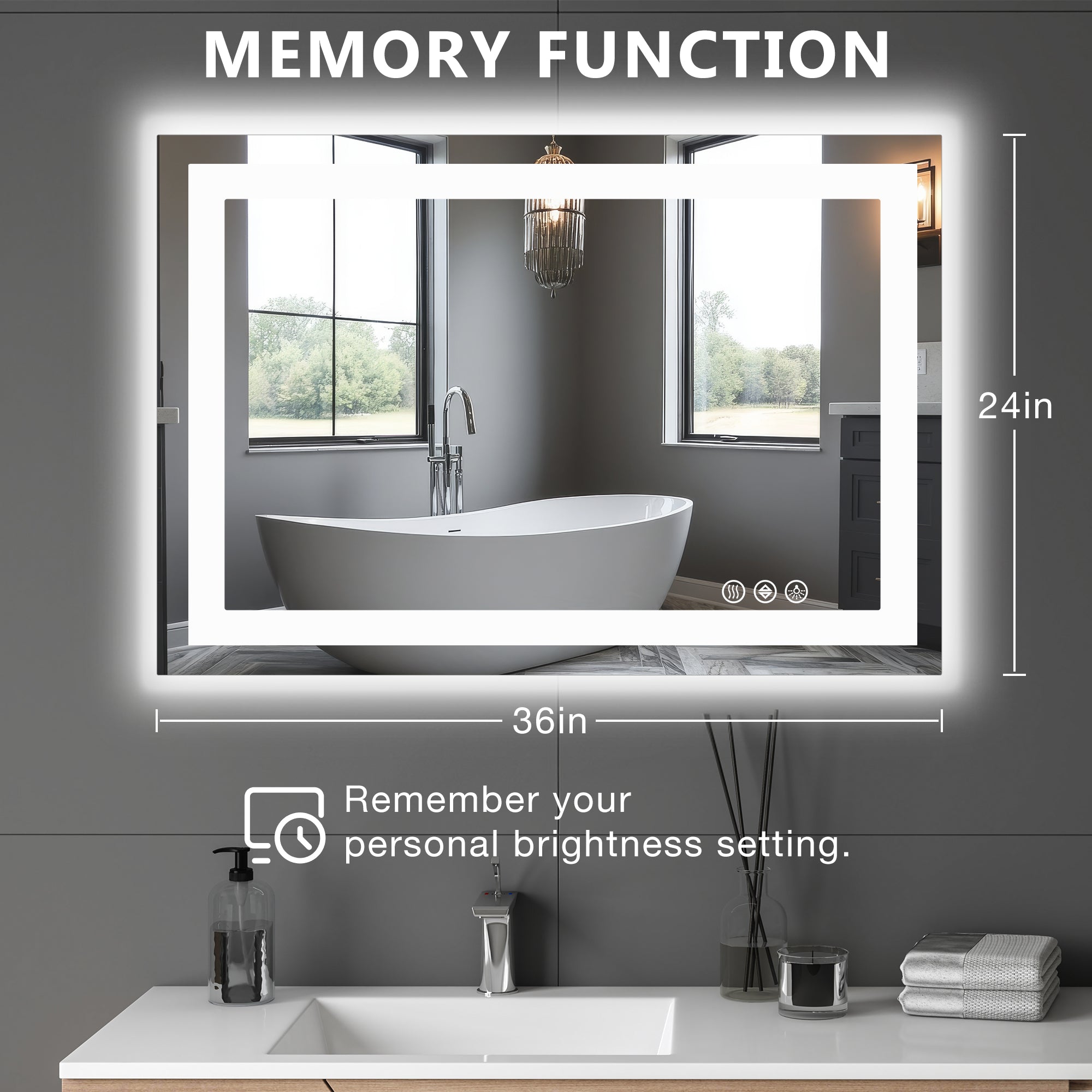 Rectangle LED Bathroom Mirror, Wall-Mounted Mirror with Adjustable Lights and Smart Memory Functionr, Enhanced Anti-Fog Feature