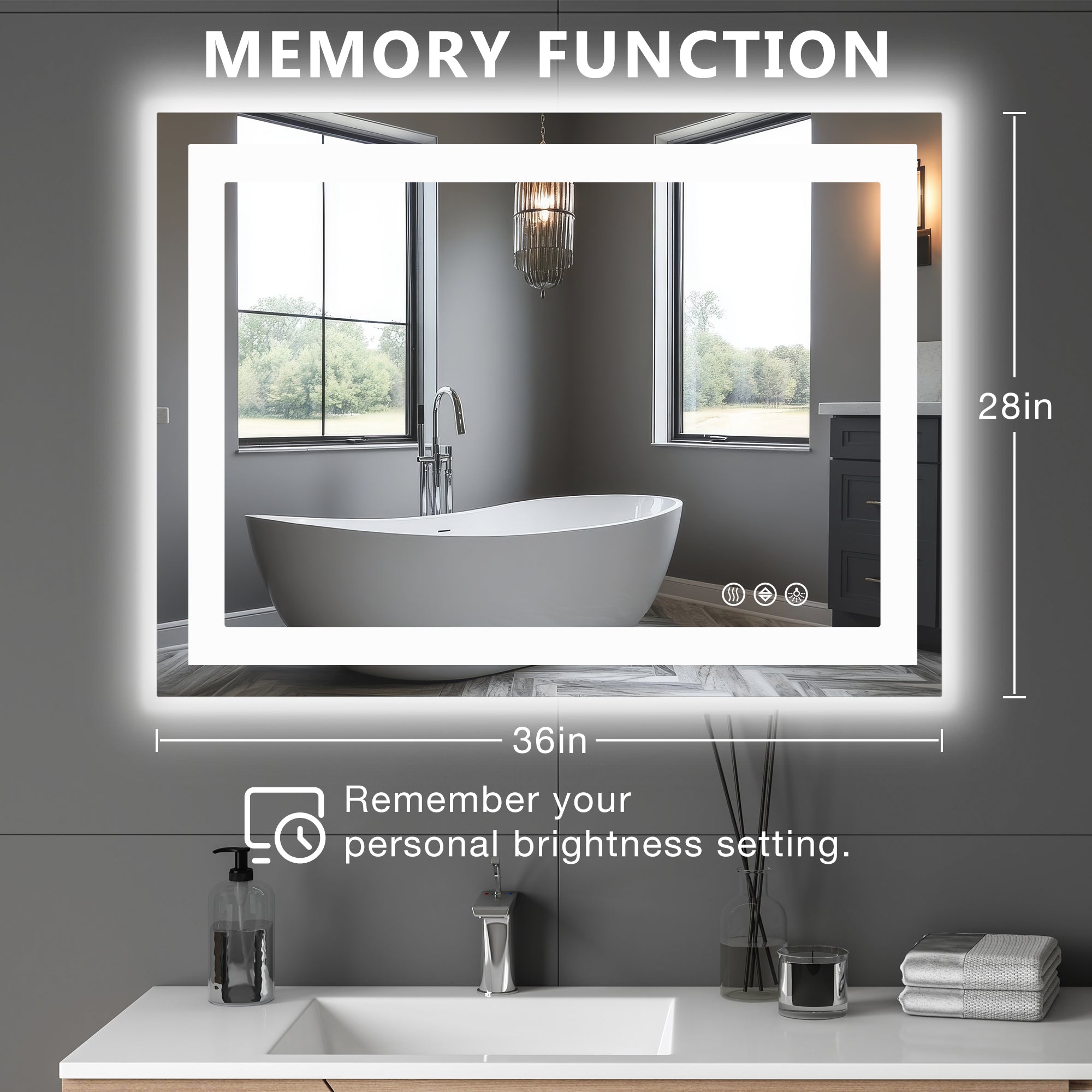 Rectangle LED Bathroom Mirror, Wall-Mounted Mirror with Adjustable Lights and Smart Memory Functionr, Enhanced Anti-Fog Feature
