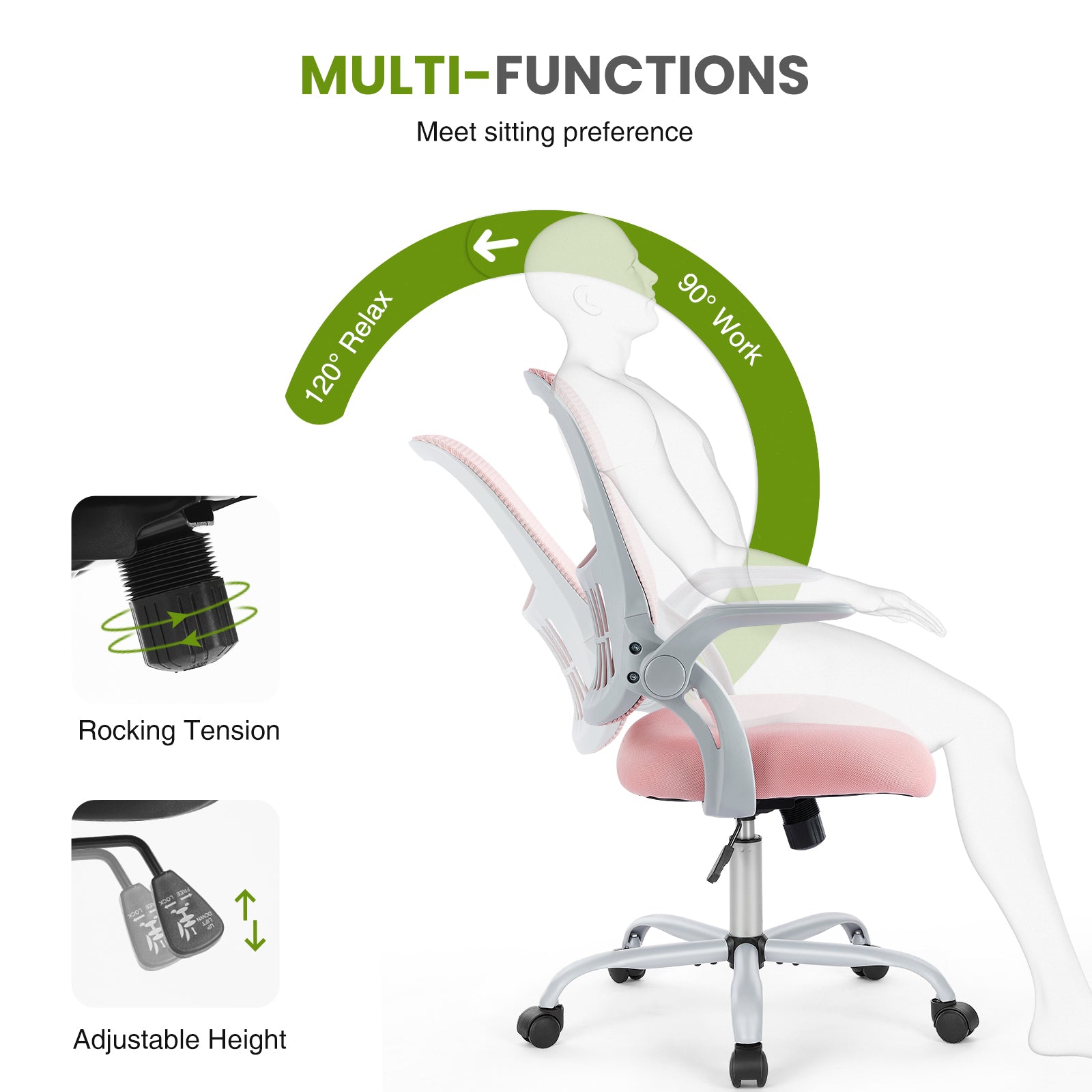 Office Desk Chair with Adjustable and Flip-up Armrest, Ergonomic Mesh Computer Chair with Lumbar Support